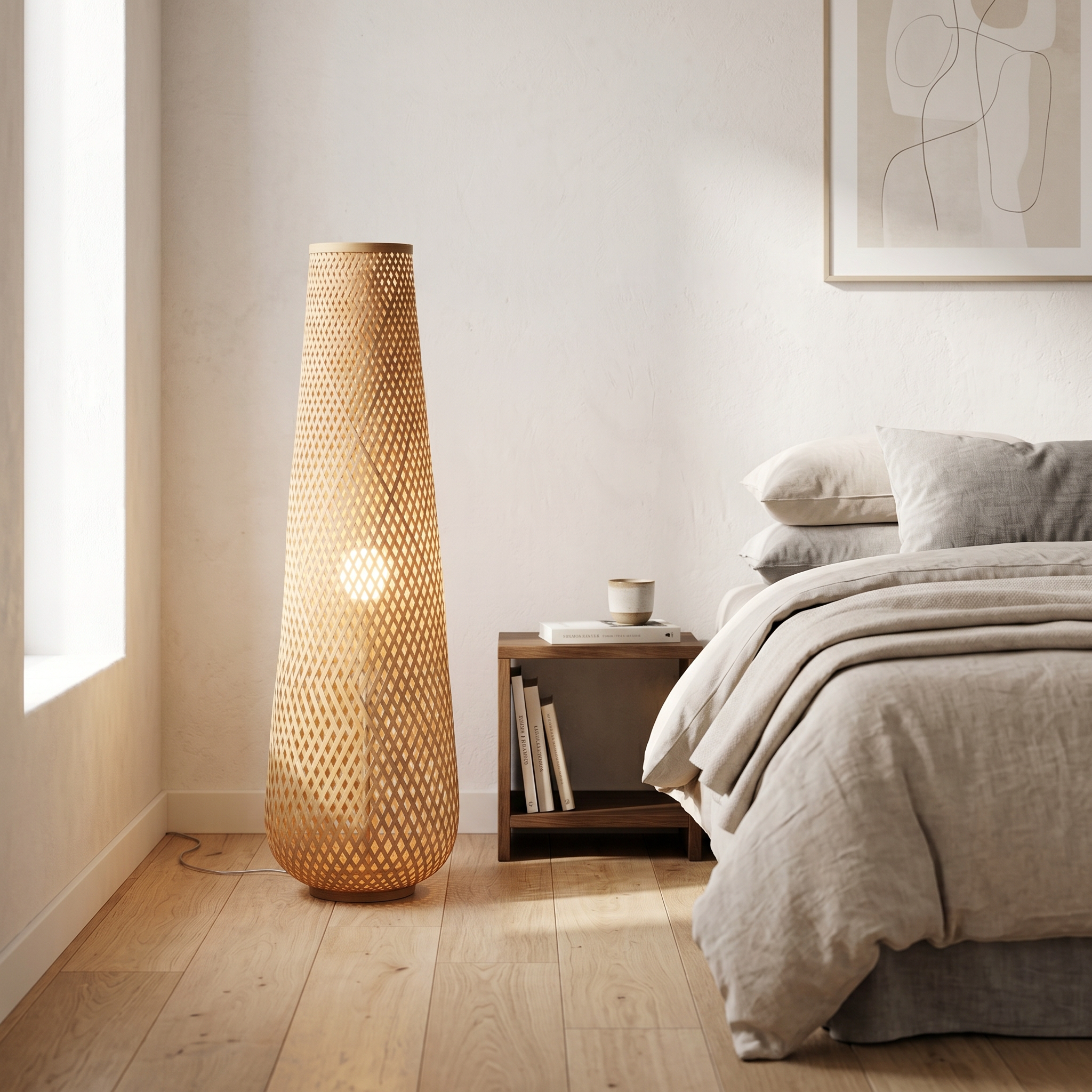 Bamboo floor lamp as a bedside floor lamp