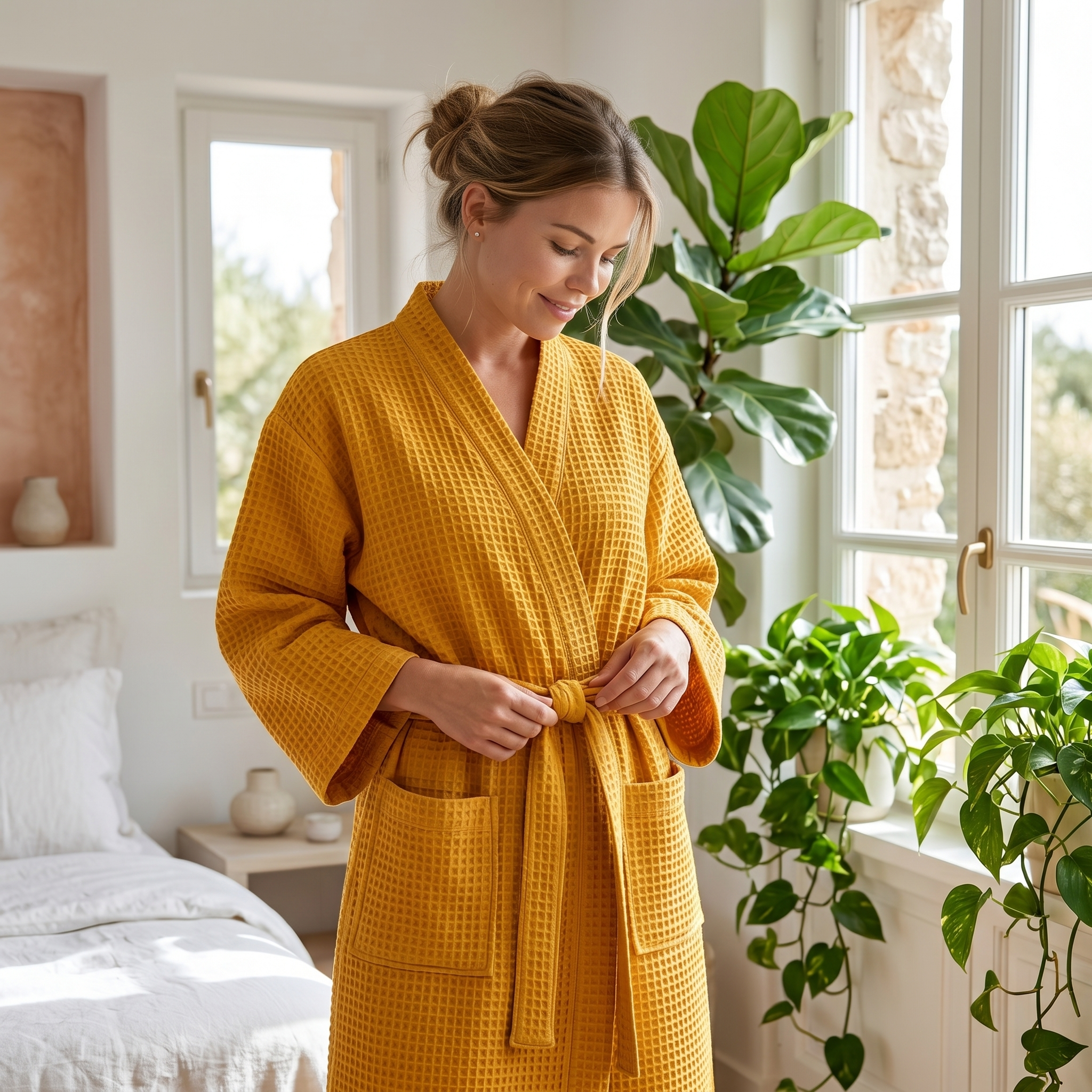Woman wearing the yellow Brezza robe tying the belt