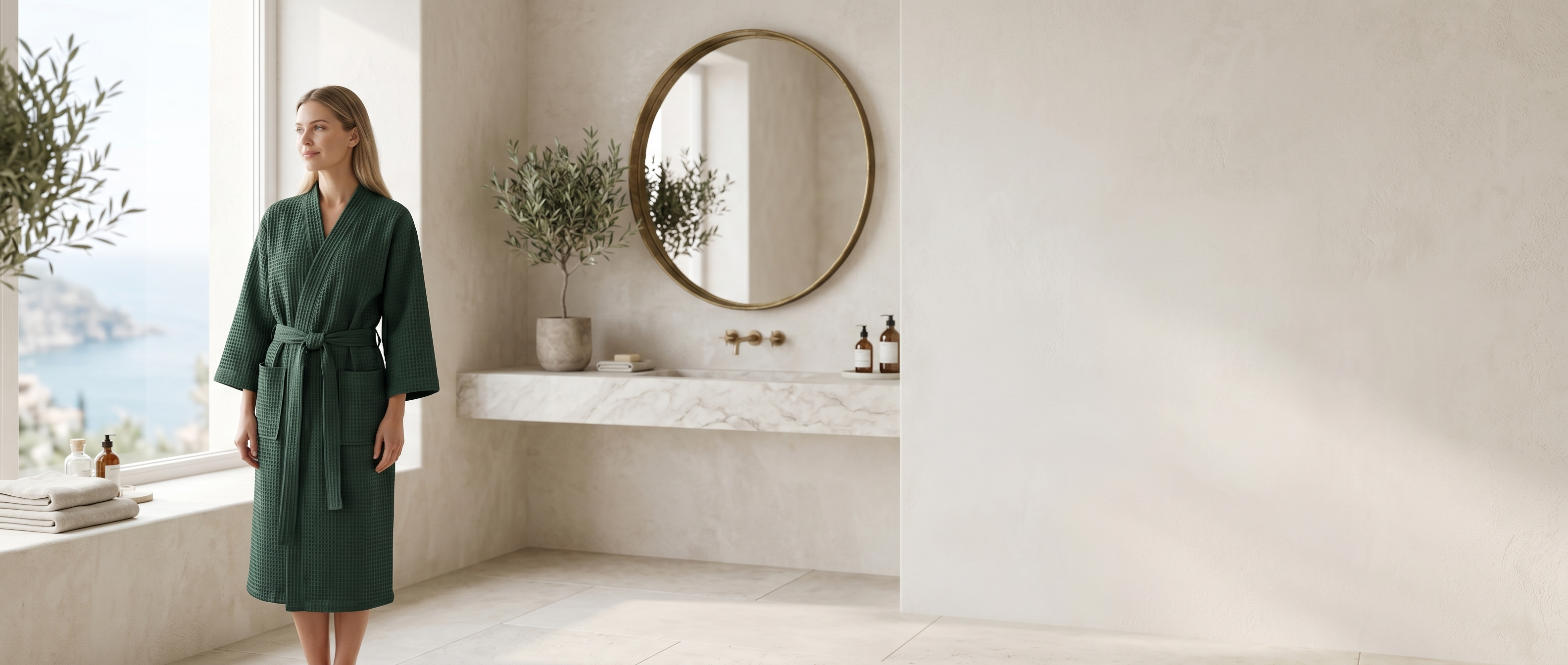 Brezza Waffle Cotton Robe styled in a coastal Italian bathroom