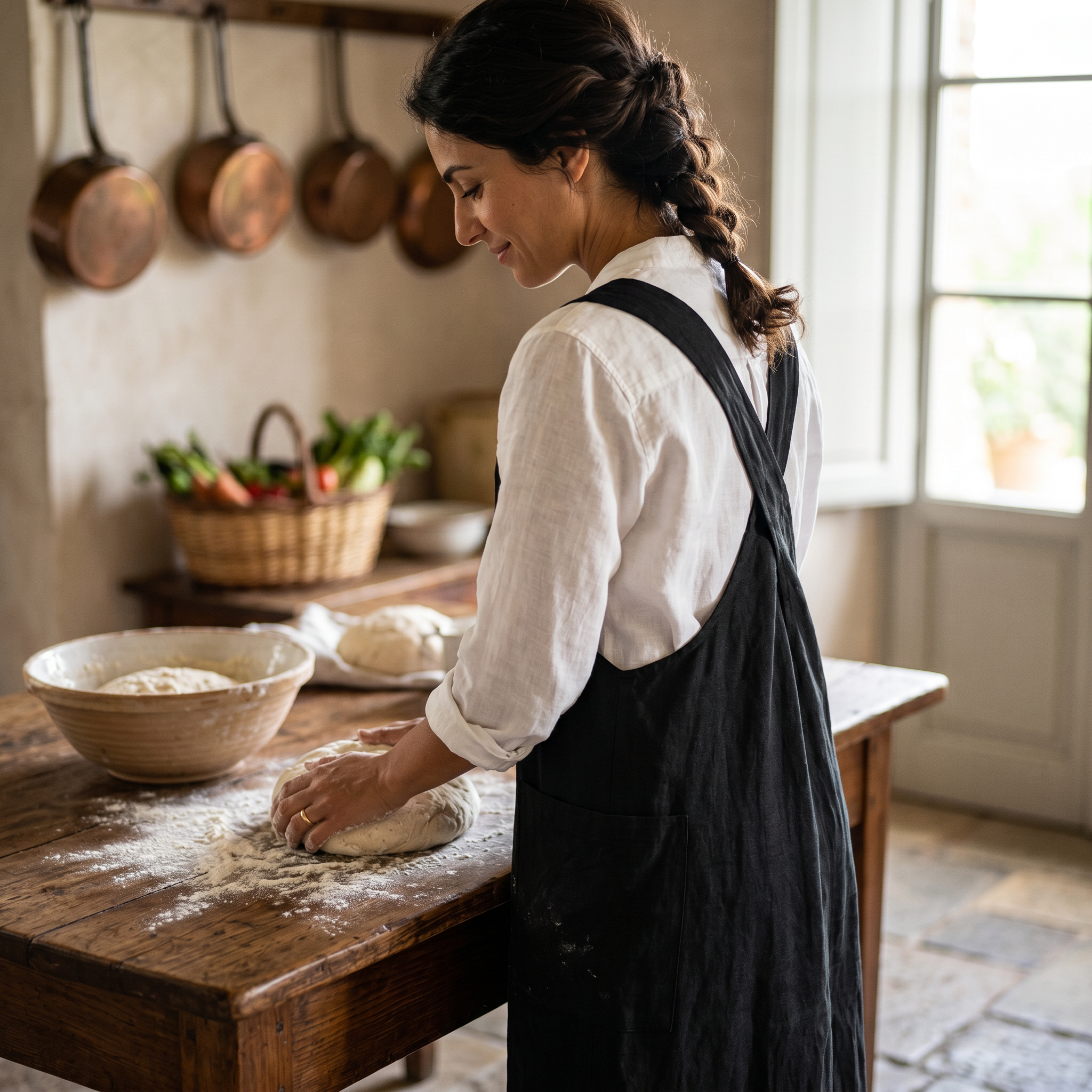 Woman in the black apron dress kneading dough