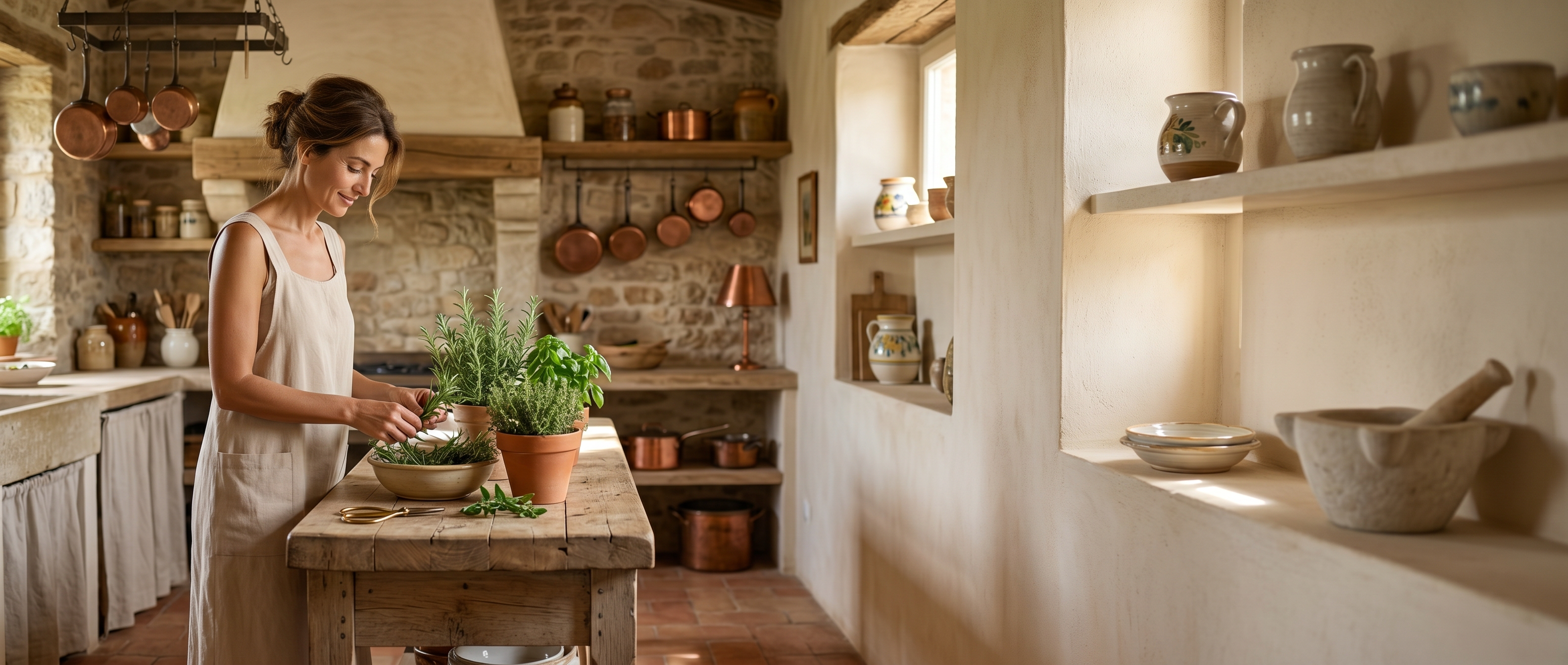 Salvia Cross-Back Apron Dress styled in a rustic Italian kitchen