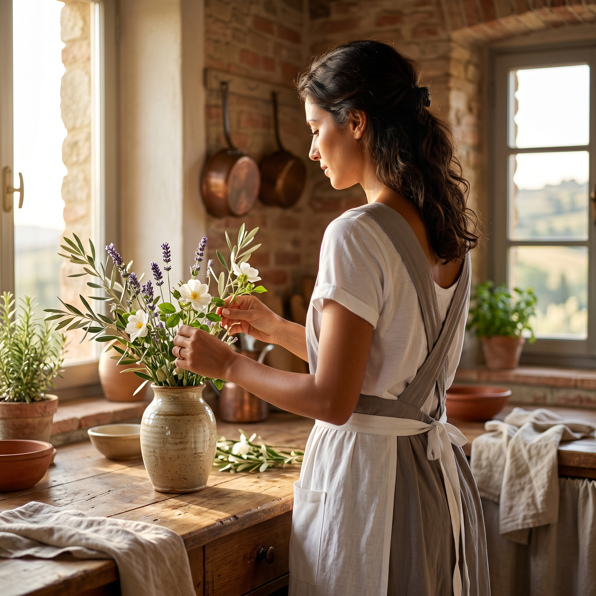 Woman in the gray apron dress arranging flowers