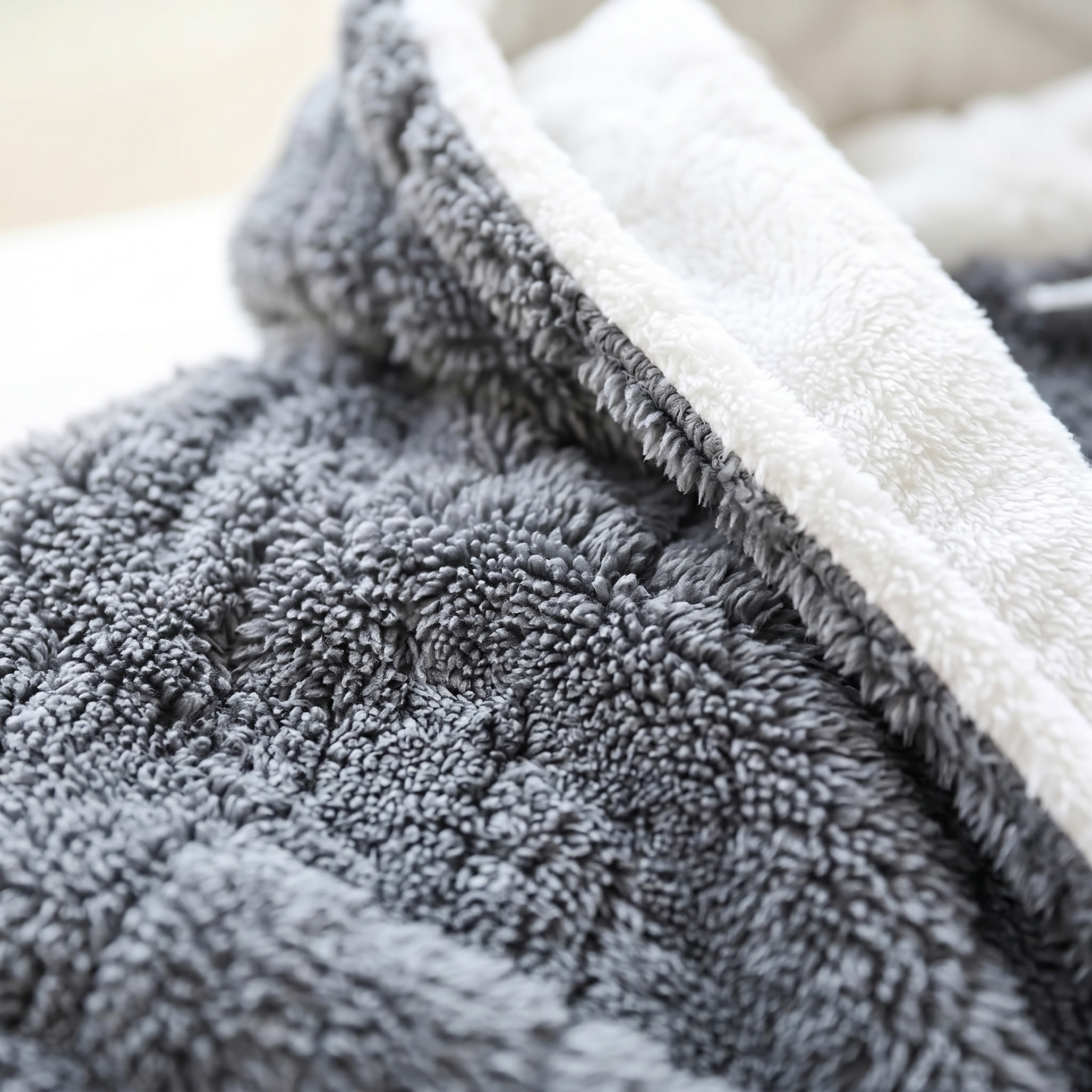 Close-up of the plush fleece and white hood lining