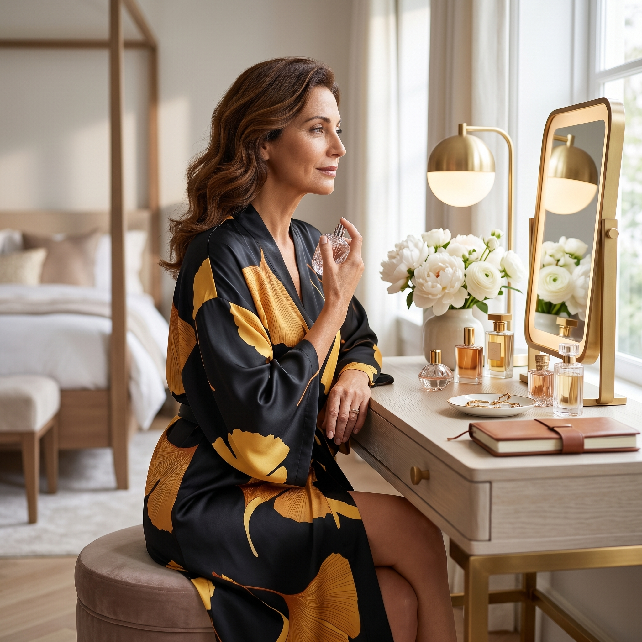 Woman in robe at vanity mirror