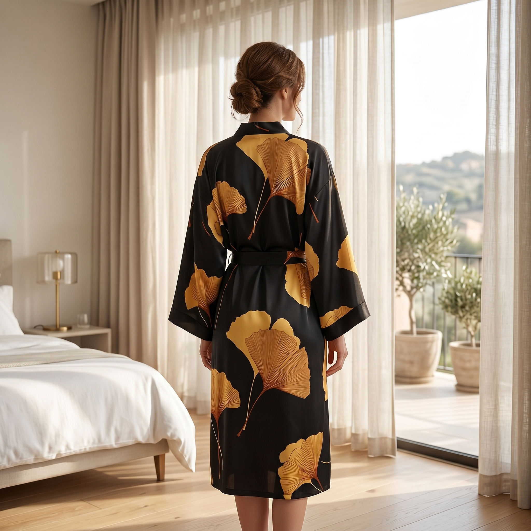 Back view of gold ginkgo kimono robe