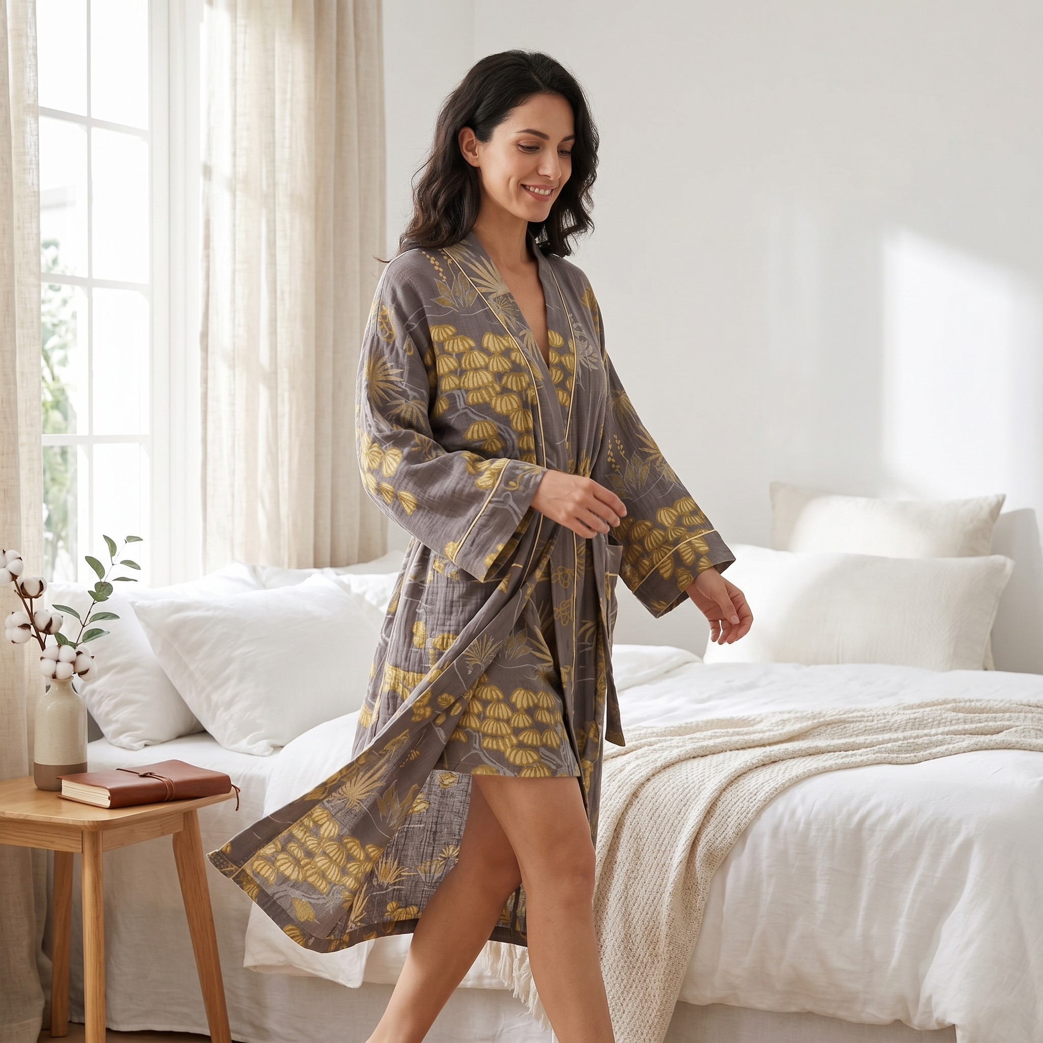 Woman walking in flowing floral kimono robe