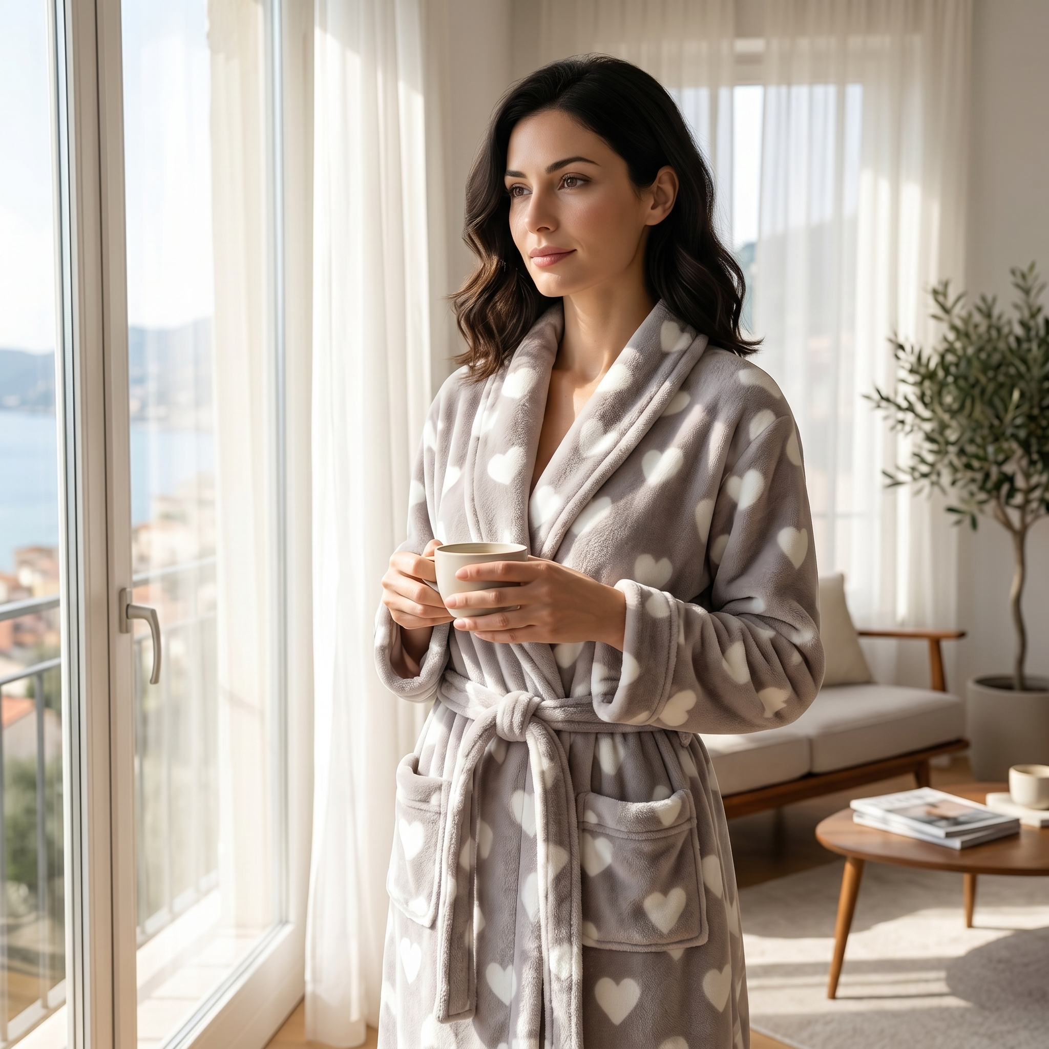 Woman in heart plush robe with morning coffee