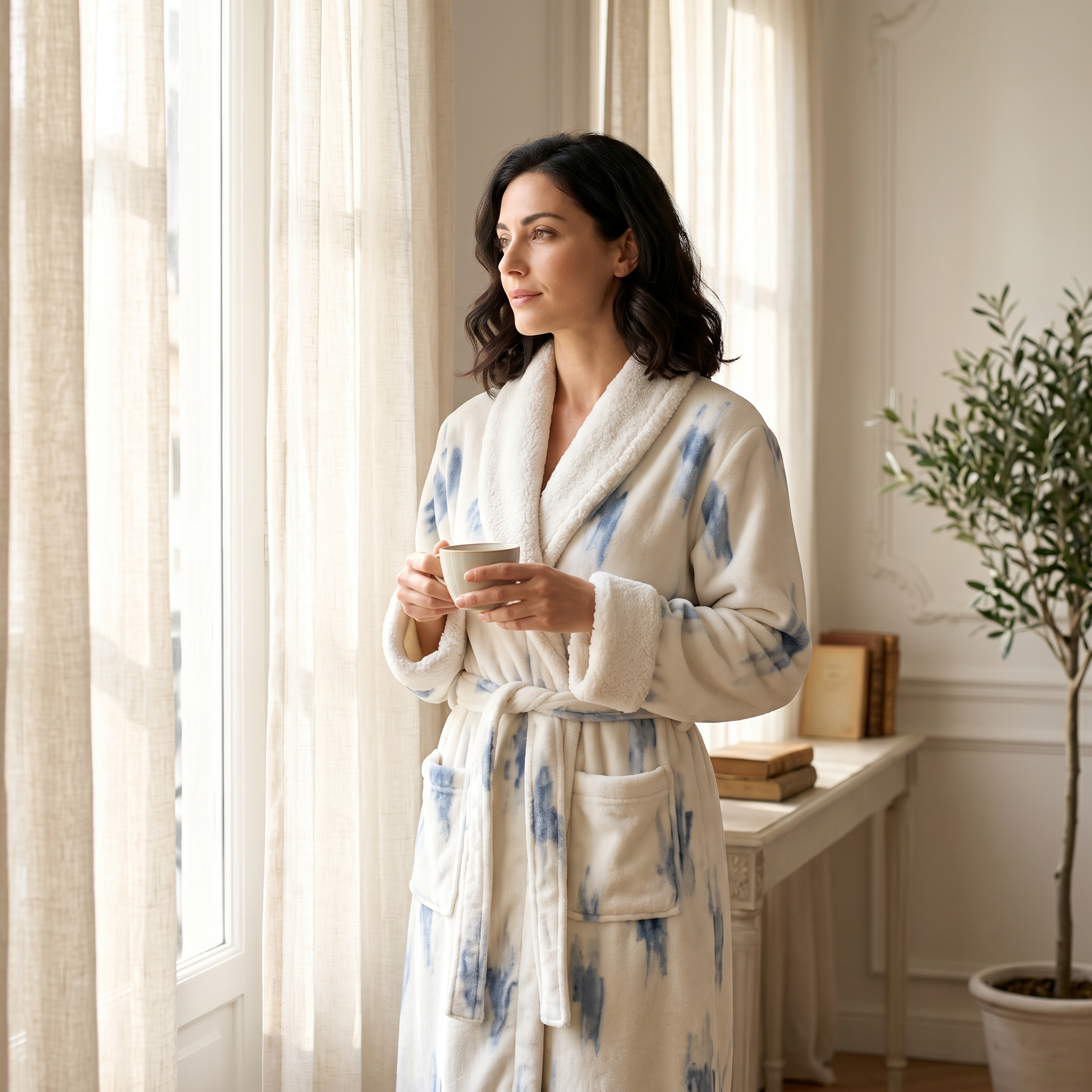 Woman in sherpa plush robe with morning coffee