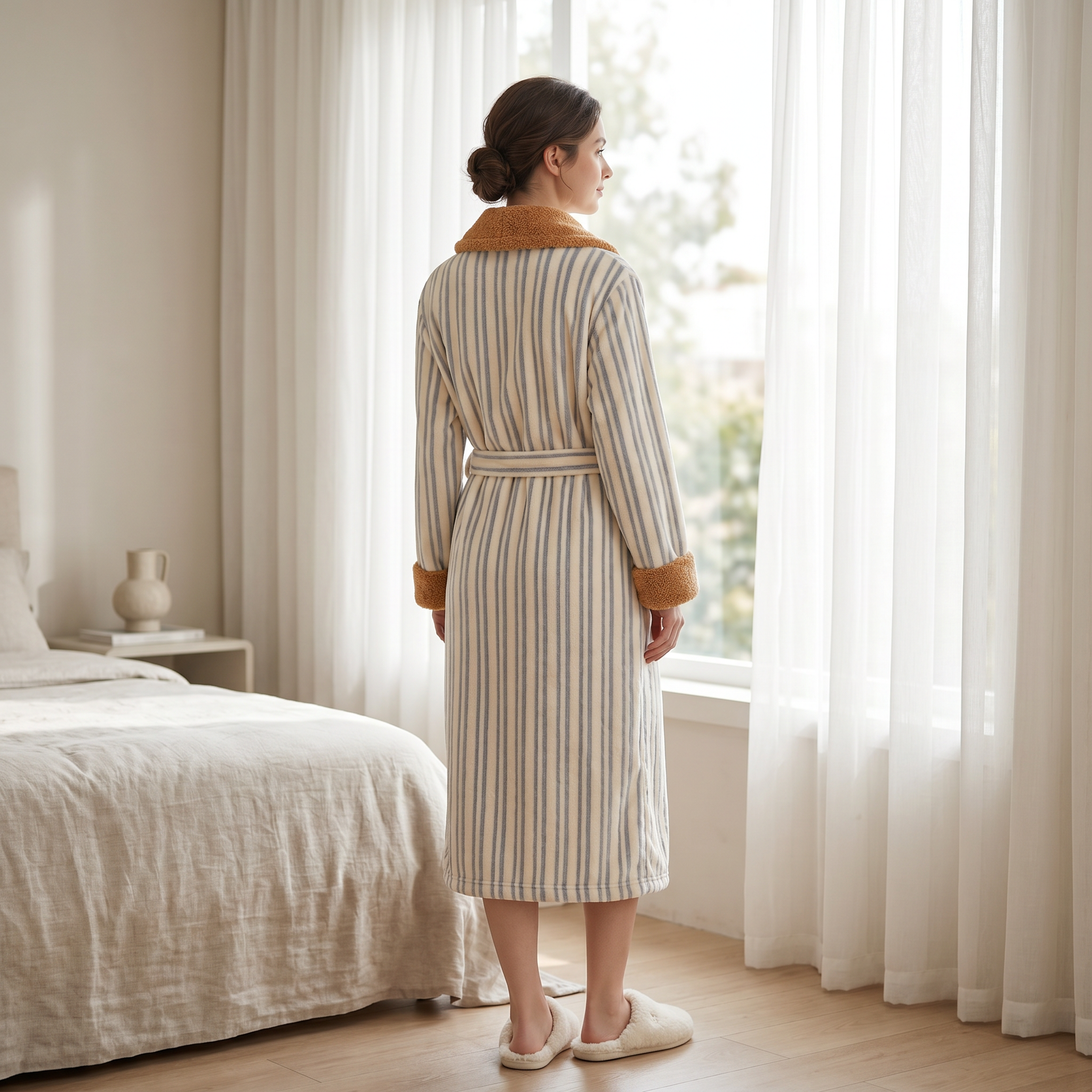 Back view of woman in striped sherpa plush robe