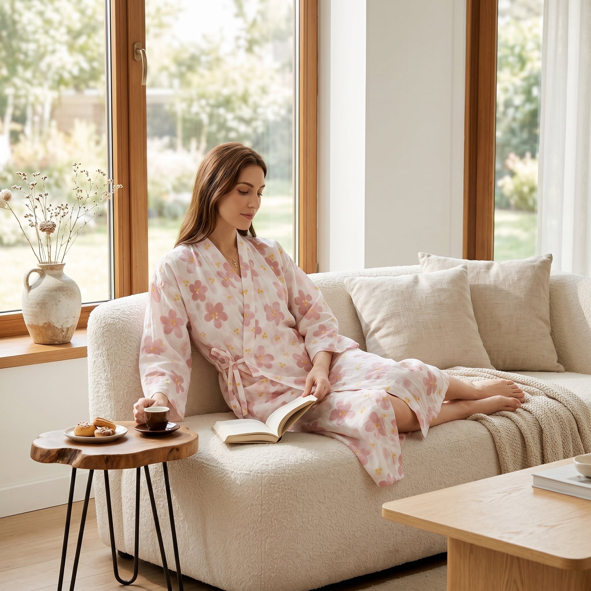 Woman lounging on sofa in blossom gauze robe