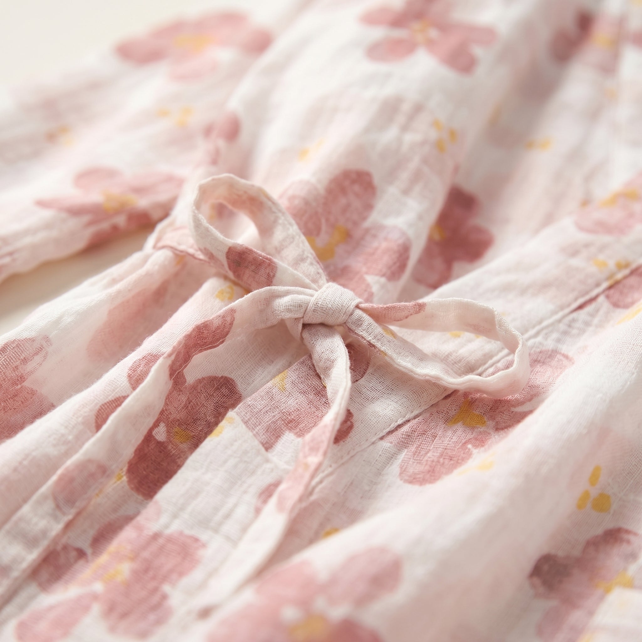 Pink cherry blossom cotton gauze print and drawstring detail