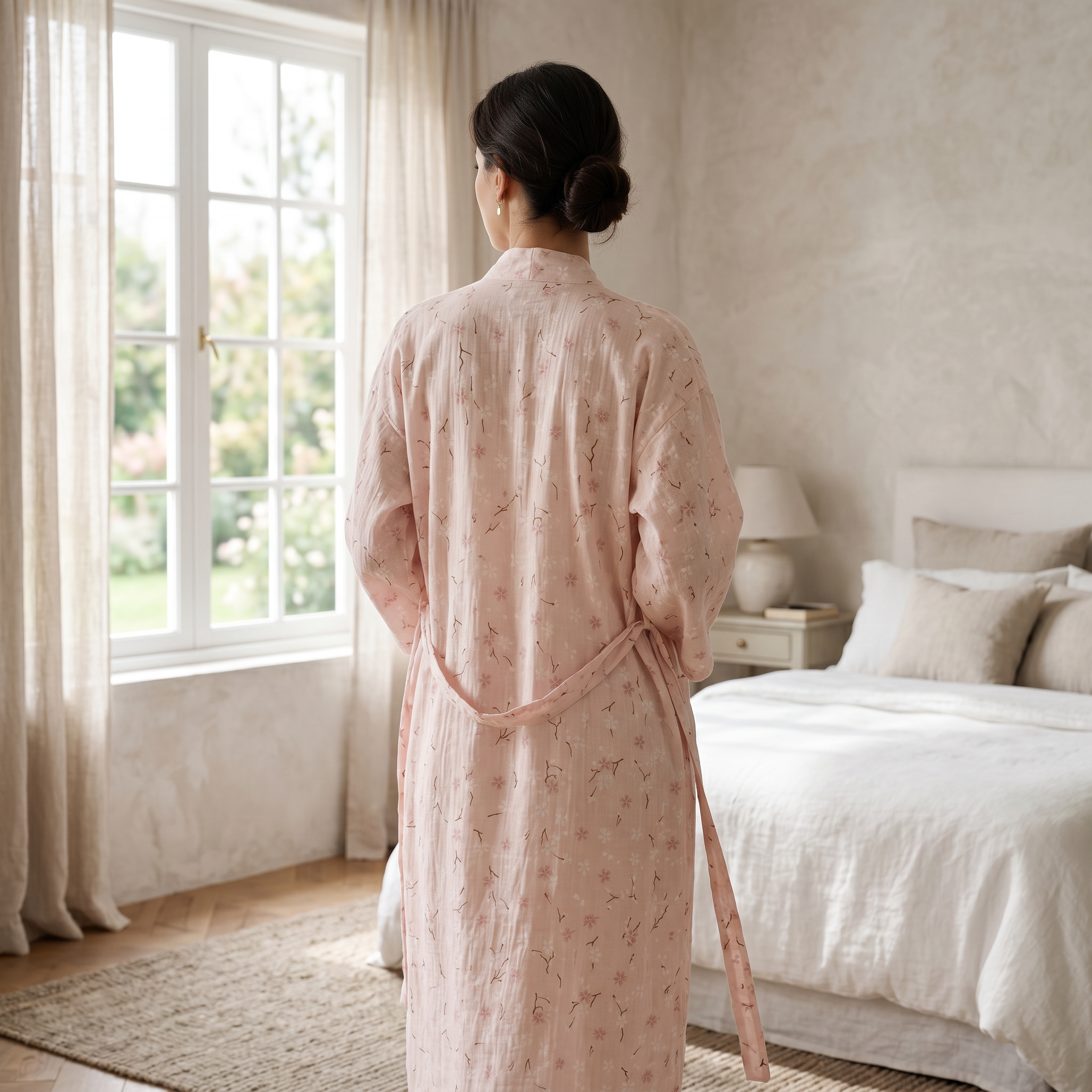 Back view of woman in sakura gauze robe