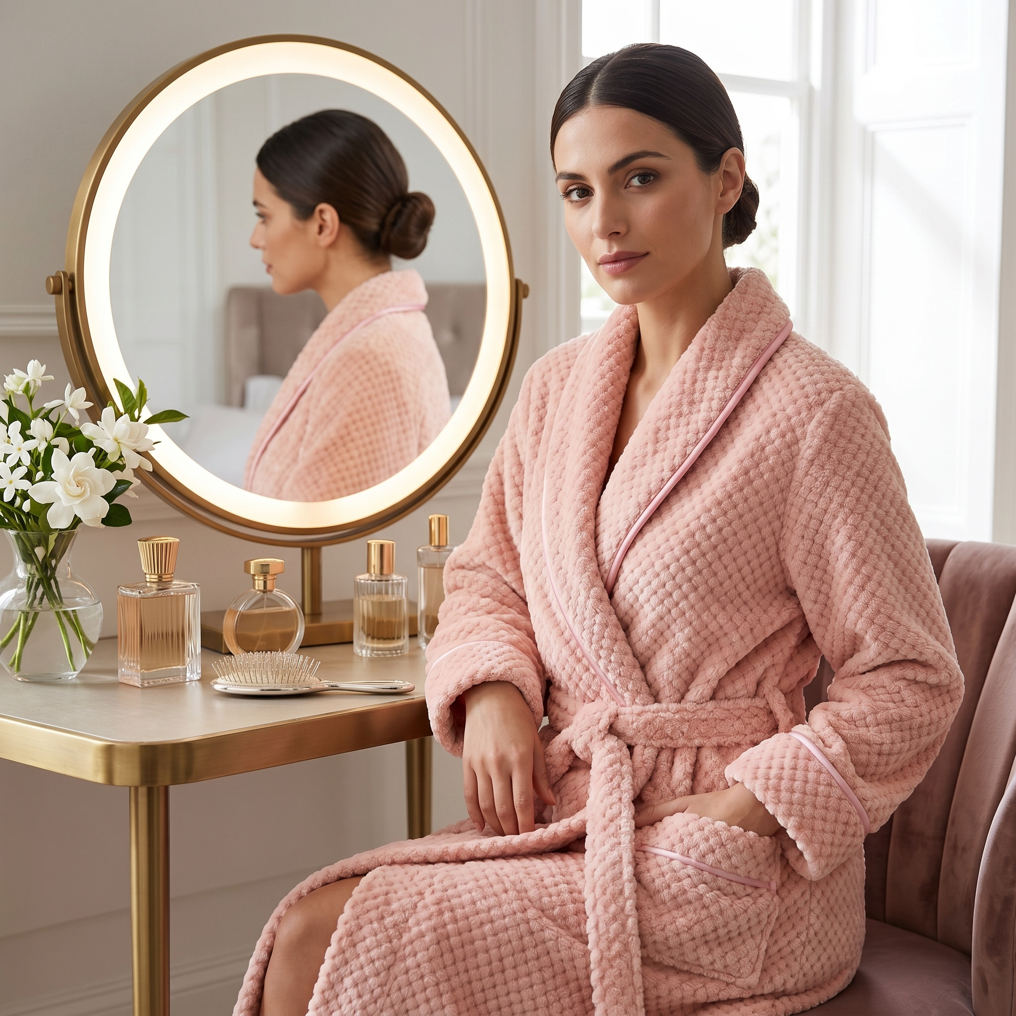 Woman in pink plush fleece robe at vanity