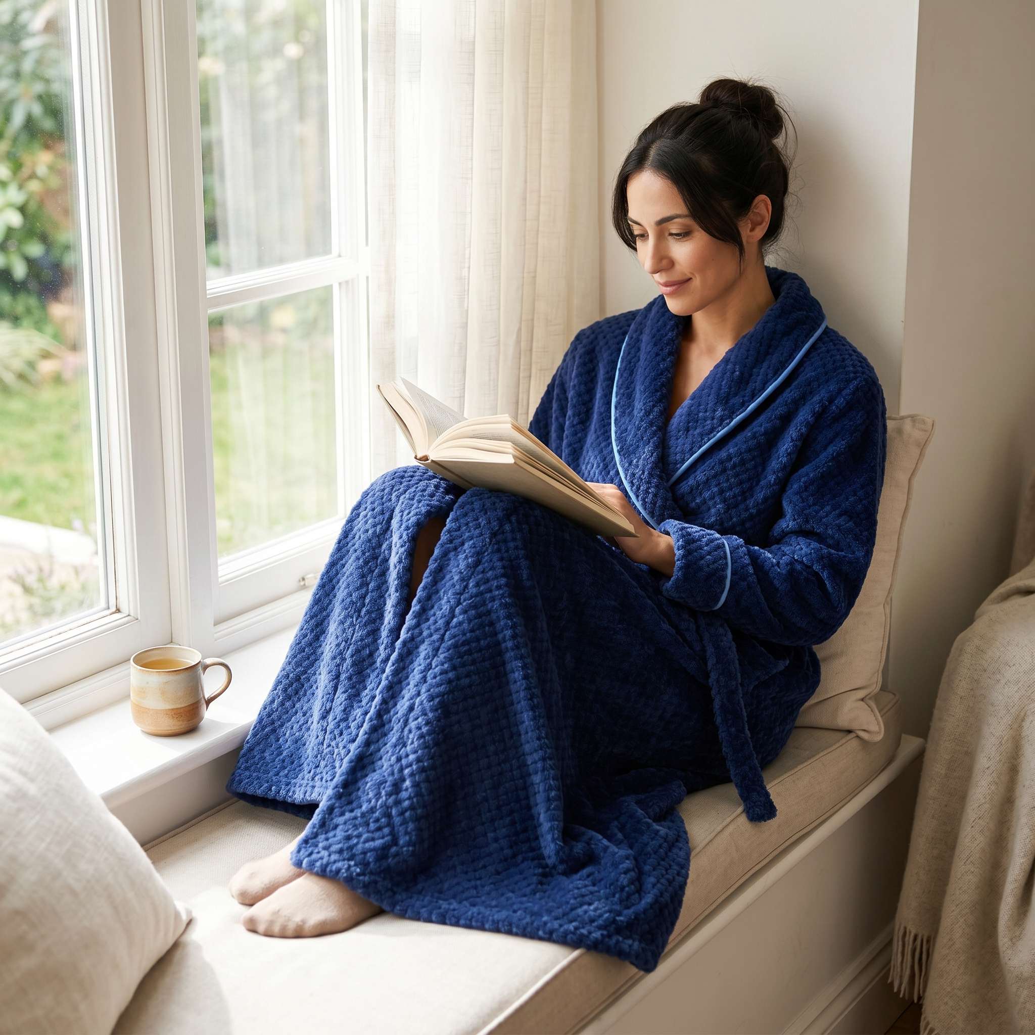 Woman reading on window seat in navy plush fleece robe