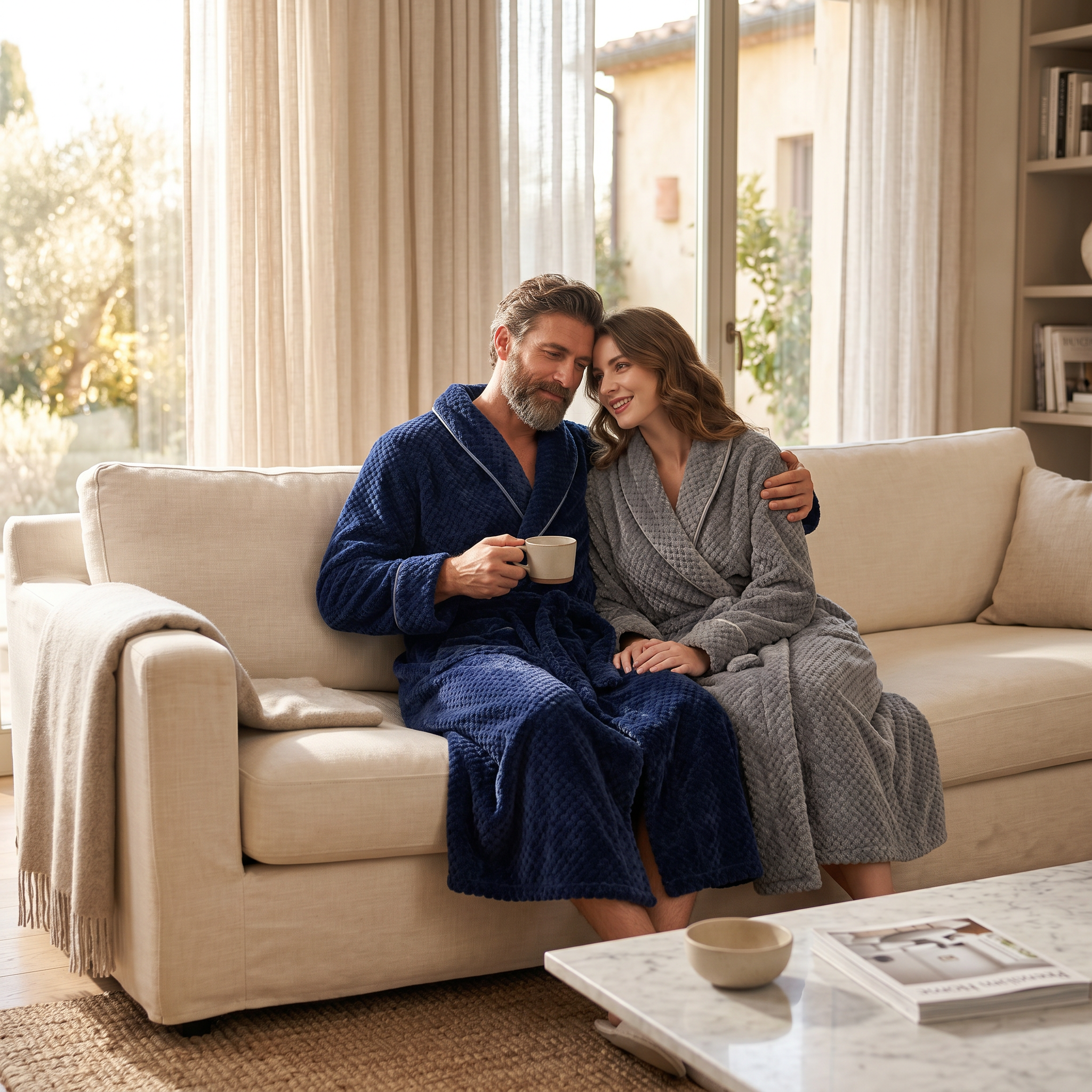 Couple in navy and gray plush fleece robes on sofa