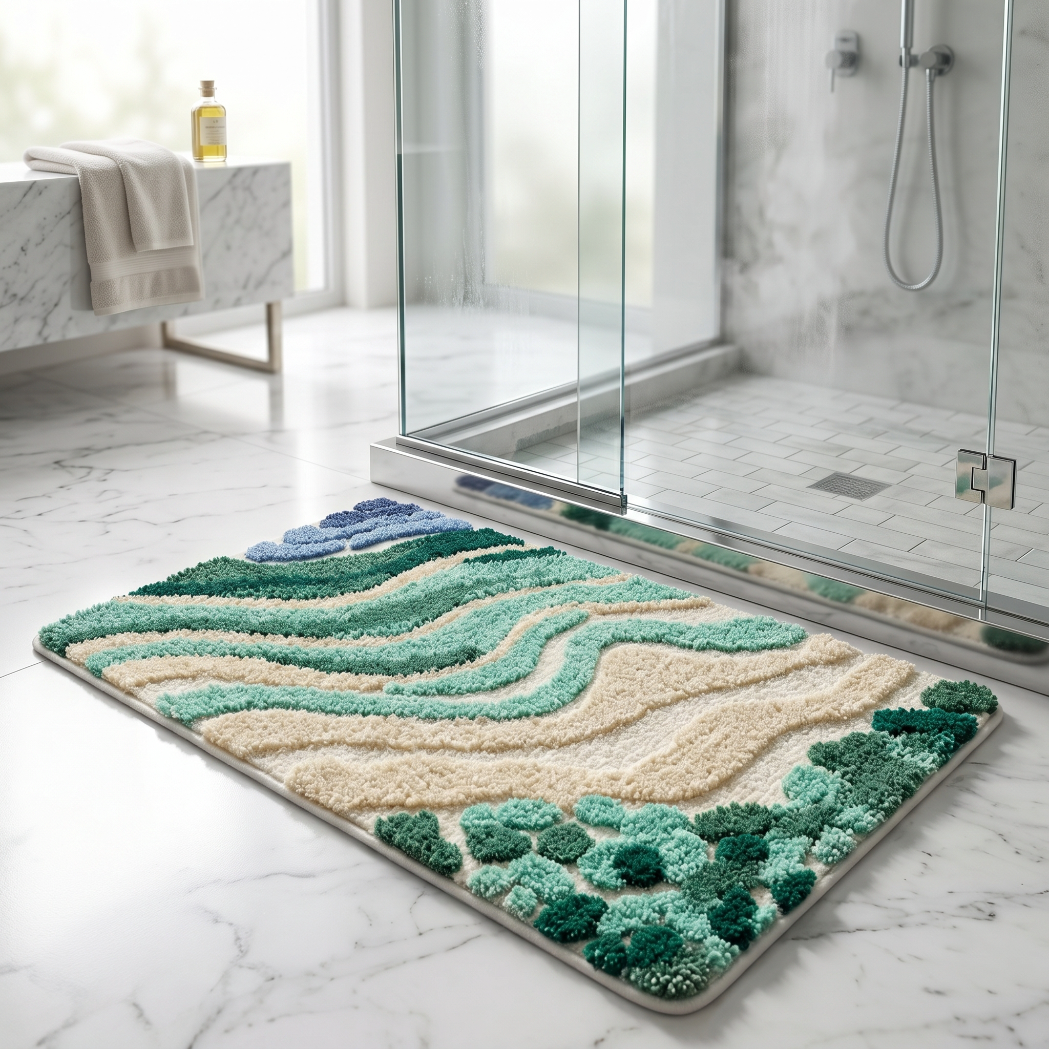 Ocean wave bath mat by walk-in shower
