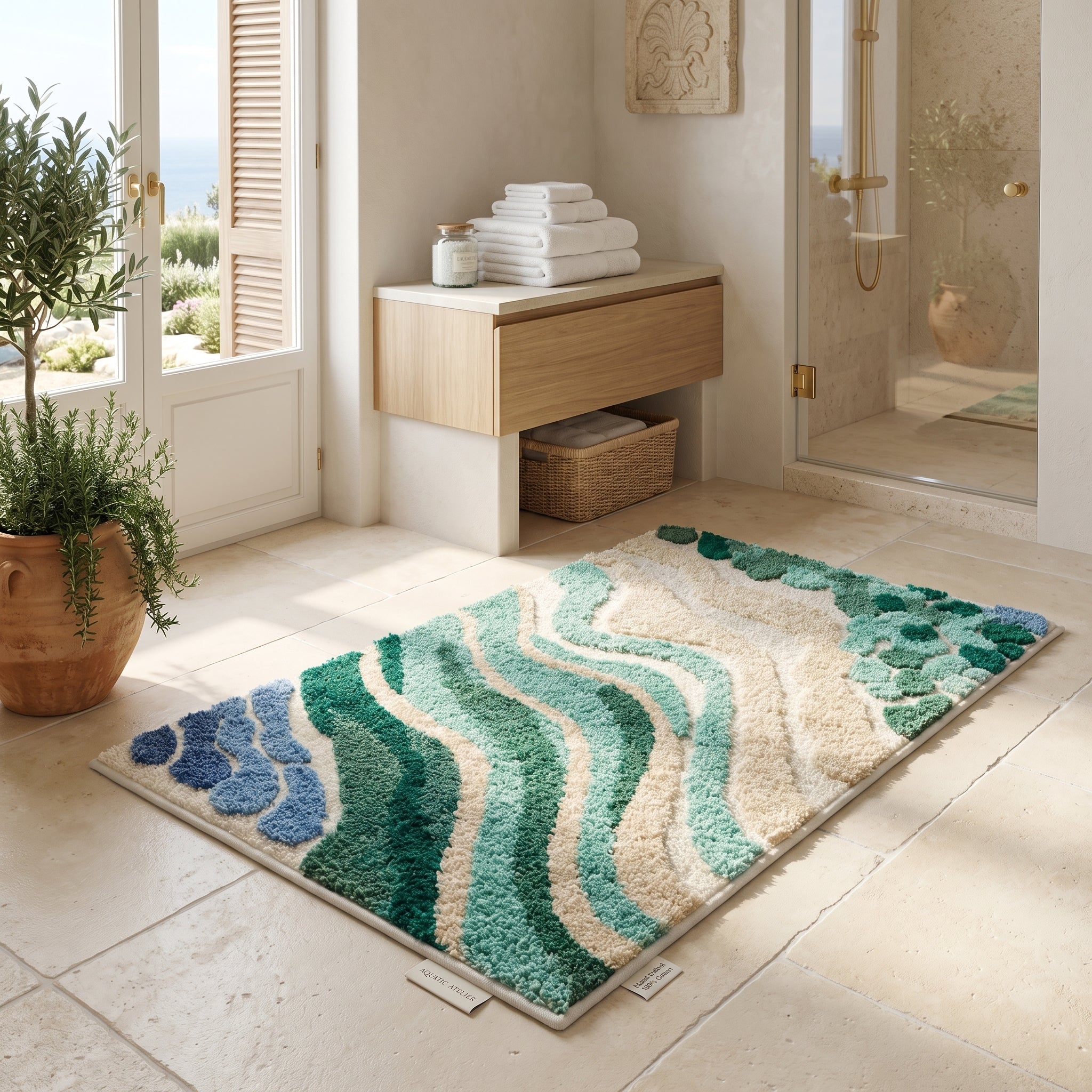 Ocean wave bath mat in Mediterranean bathroom