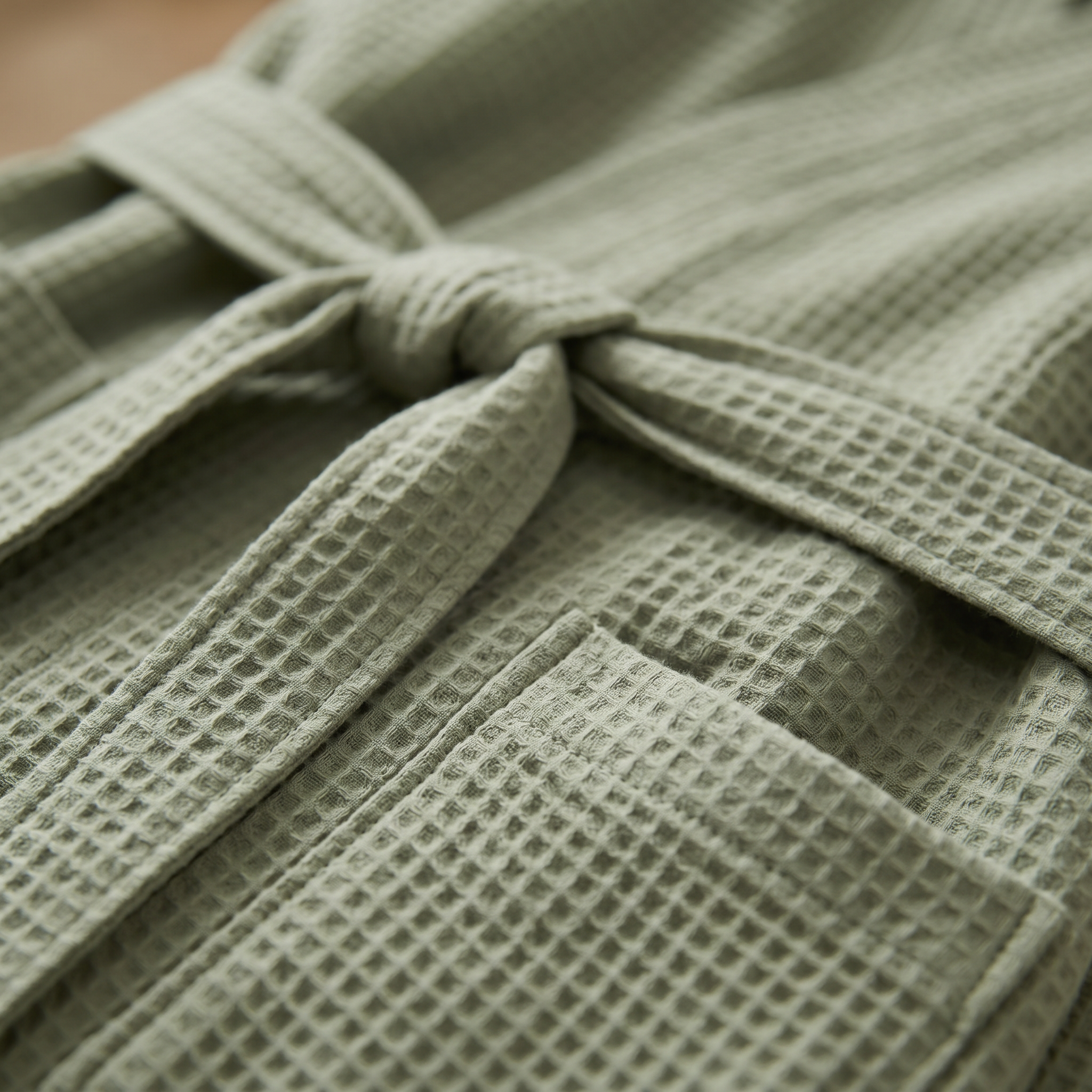 Sage green waffle cotton robe texture detail