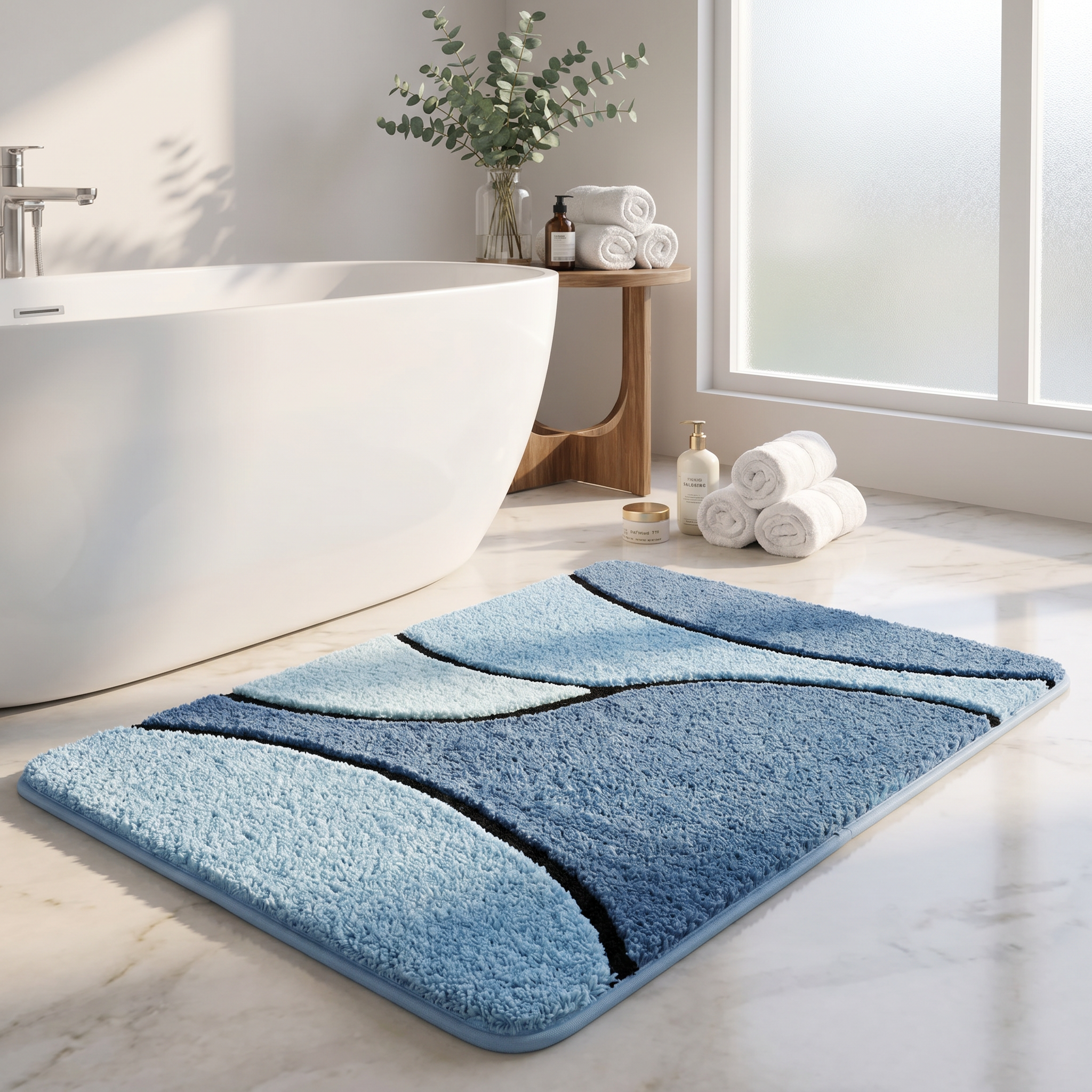 Ocean Mist bath mat by a freestanding tub