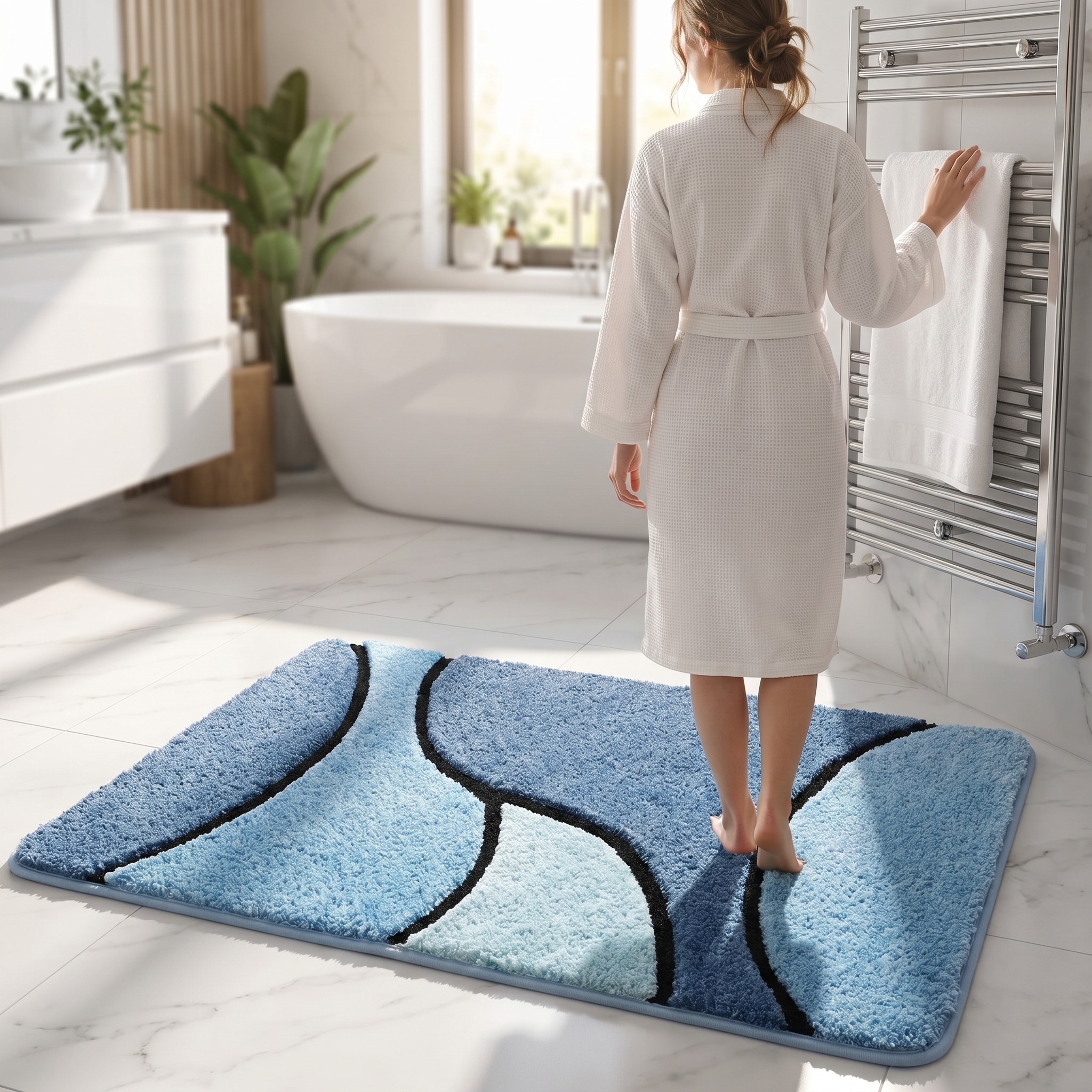 Woman in a robe with the Ocean Mist bath mat