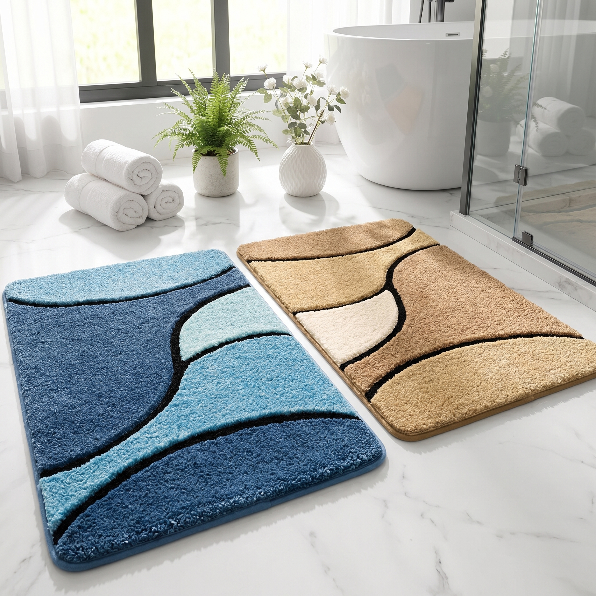 Ocean Mist and Sand Dune bath mats shown together
