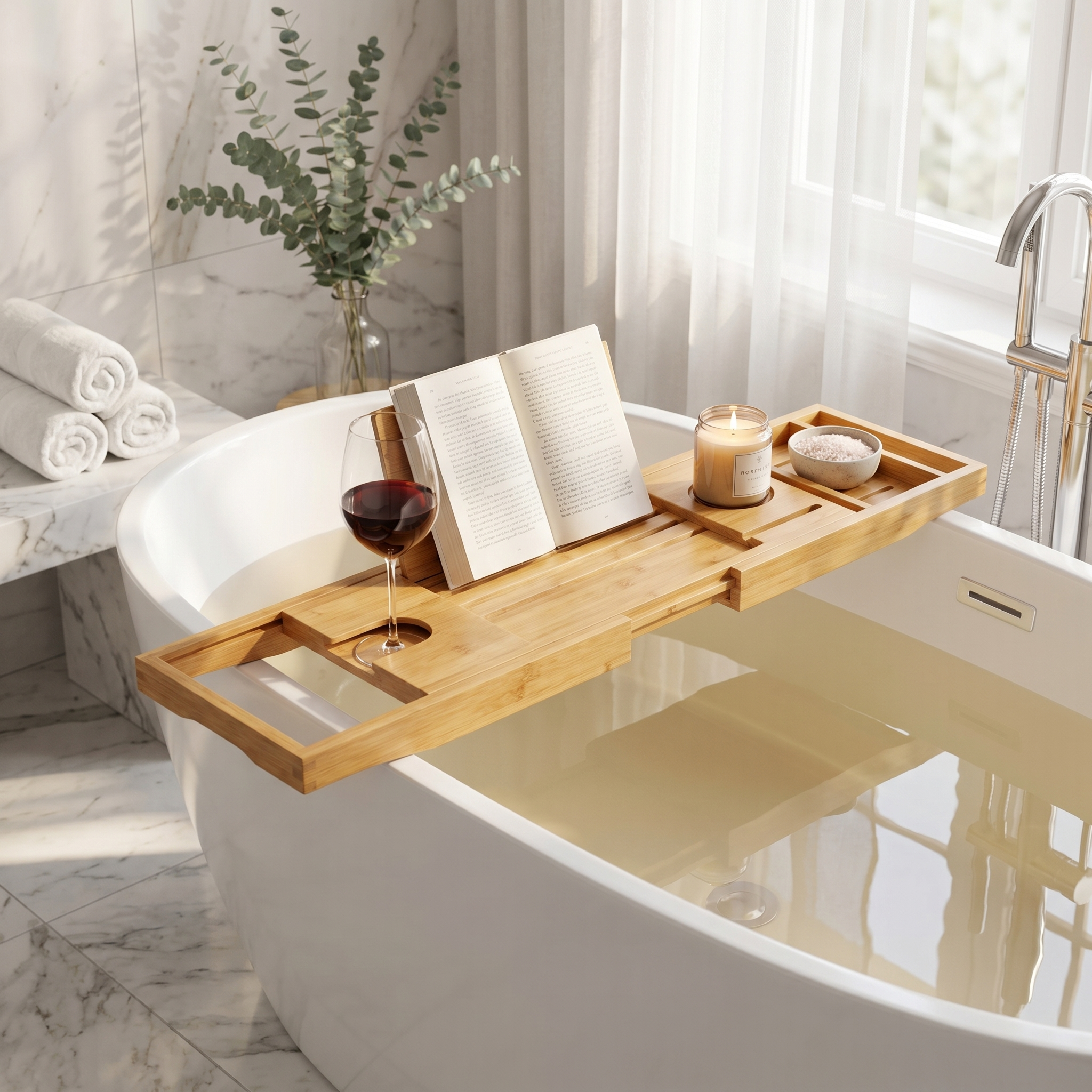 Bamboo bath caddy across a tub with wine and a book