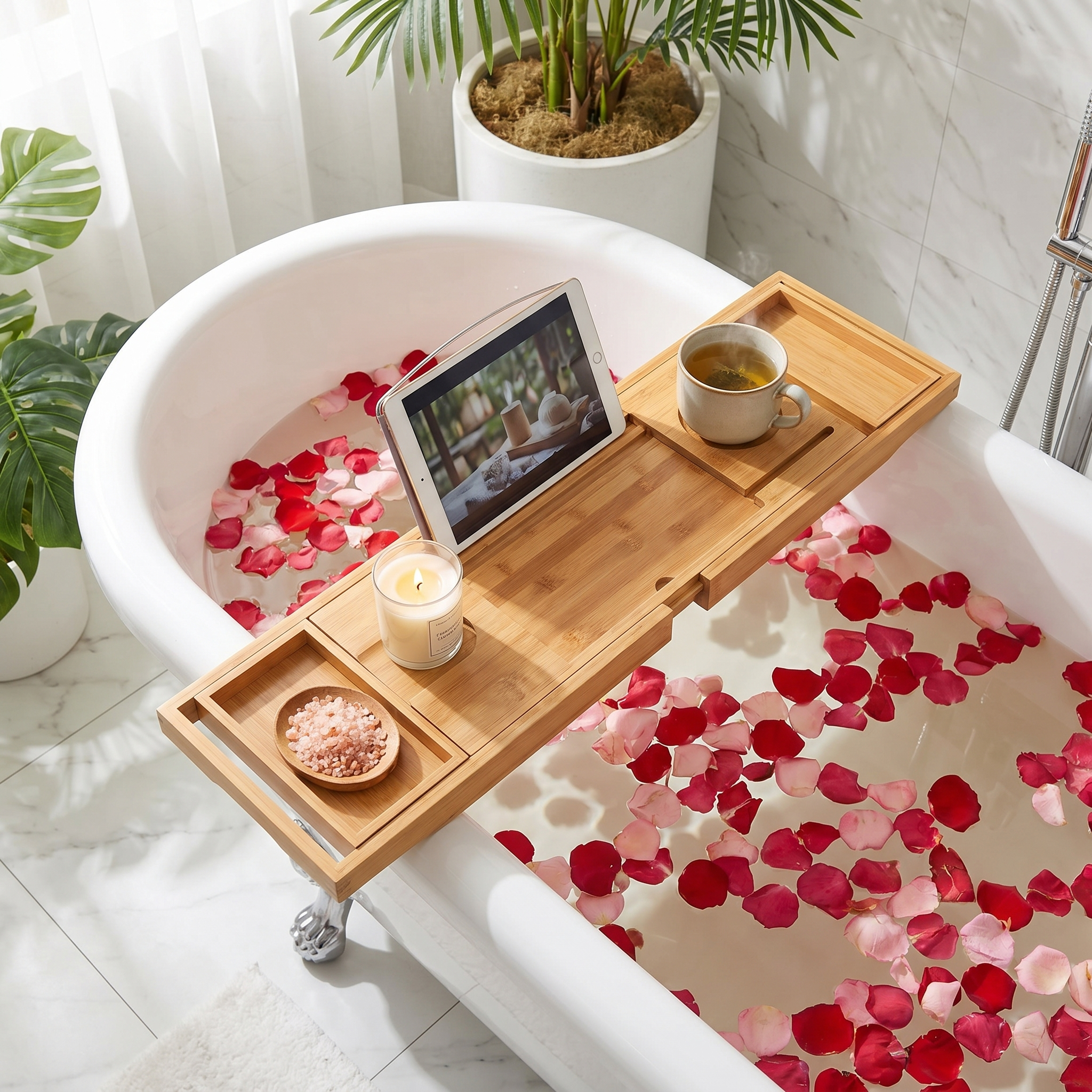 Top-down bath caddy with tablet, tea and rose petals