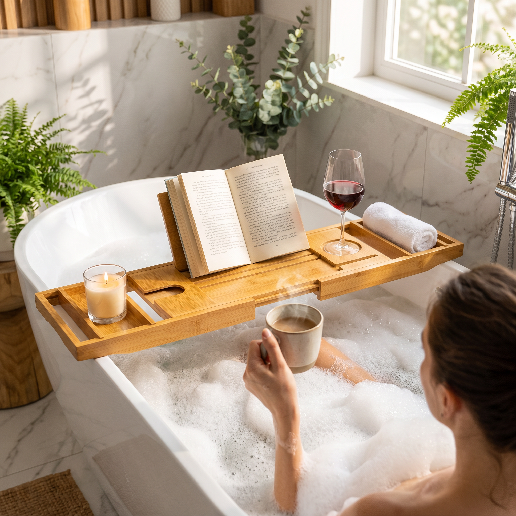 Woman relaxing in a bubble bath with the caddy
