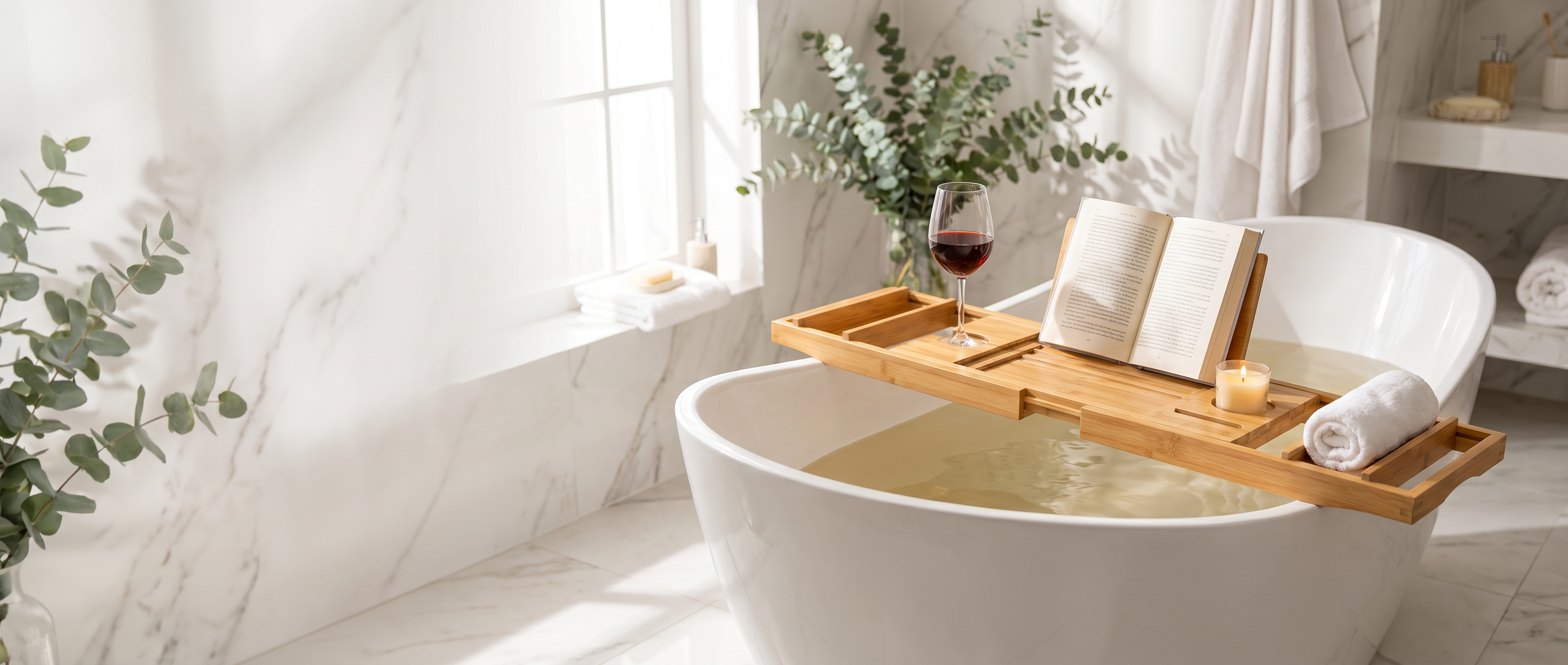 Serena bamboo bath caddy banner