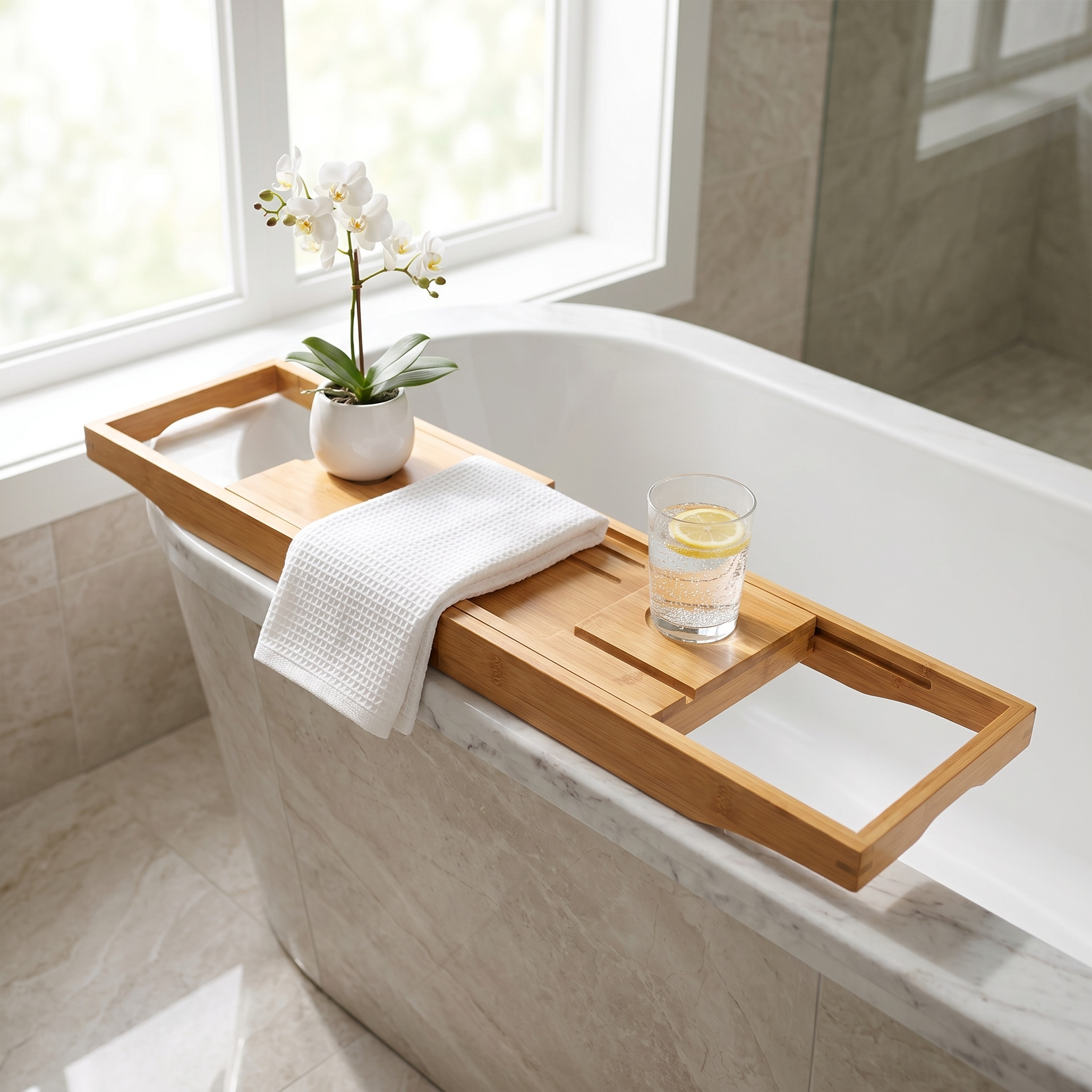 Expandable arms spanning a wide bathtub