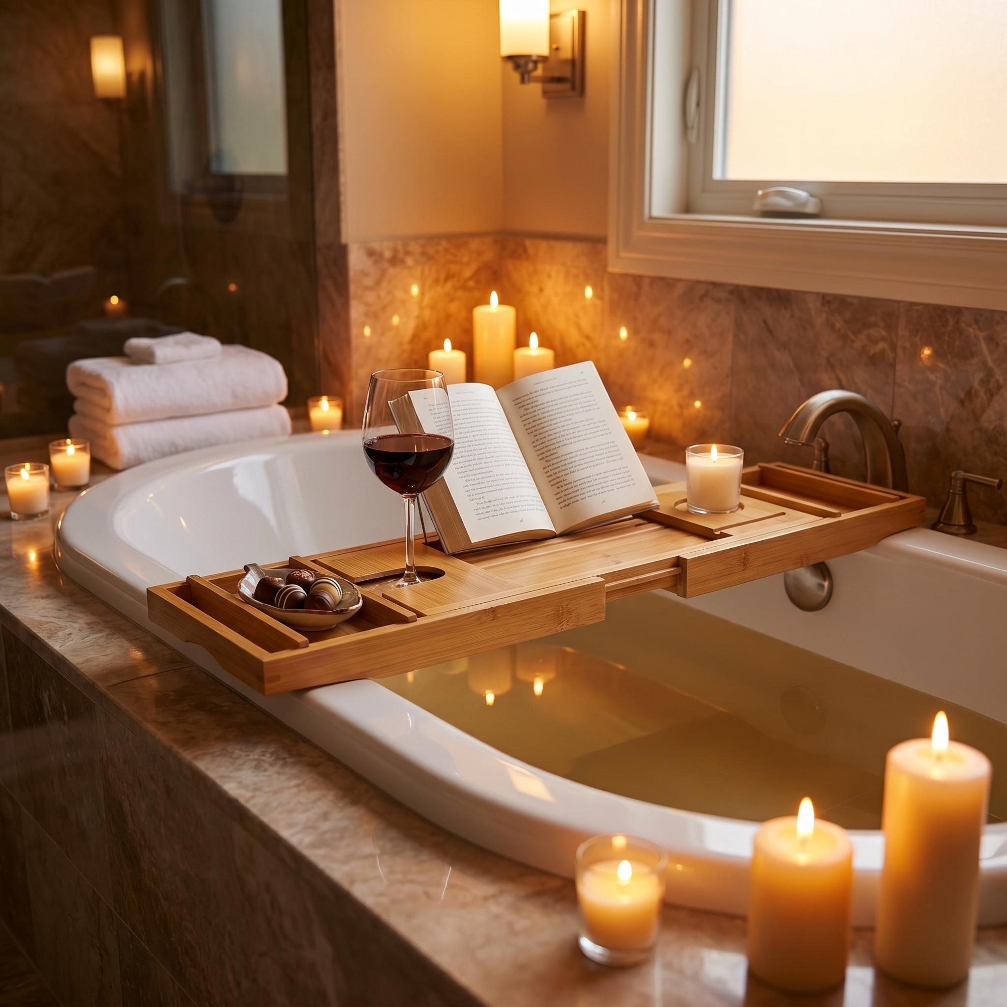 Evening candlelit bath with the bamboo caddy, wine and a book
