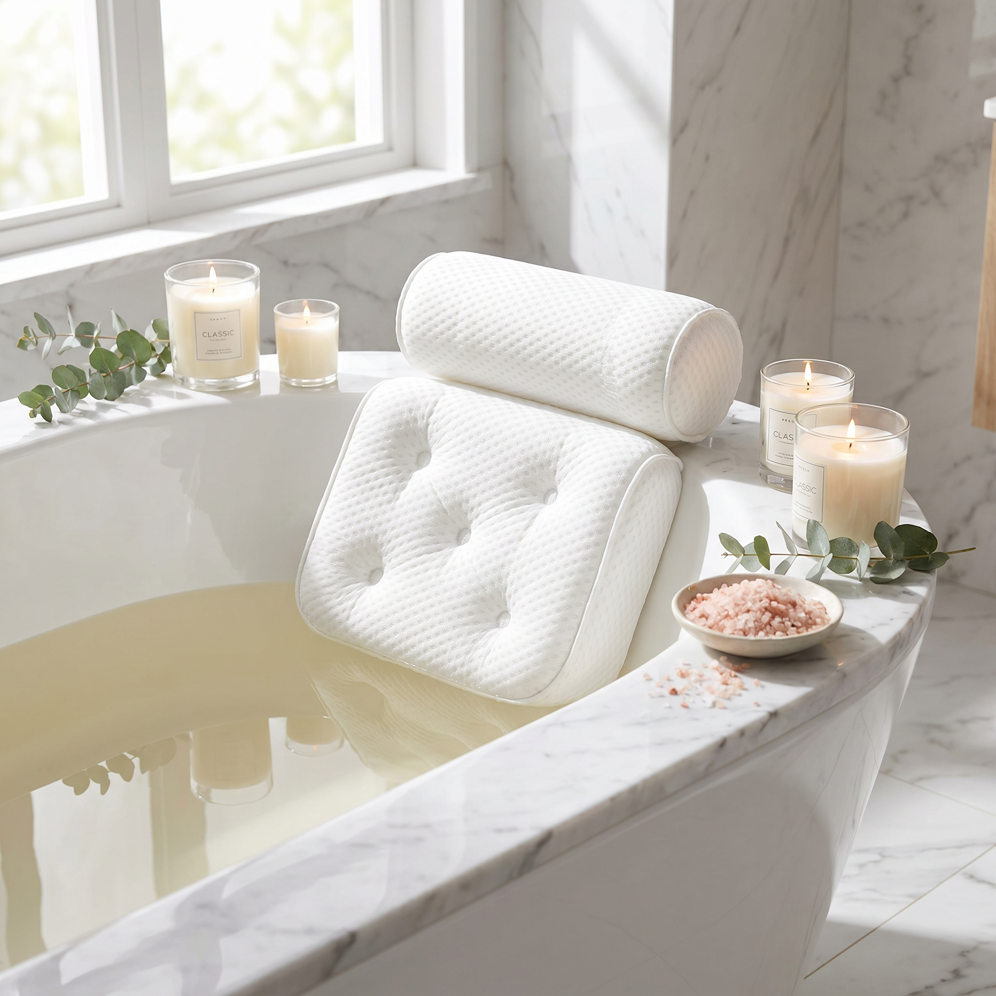 Bath pillow on the tub rim with candles and bath salts
