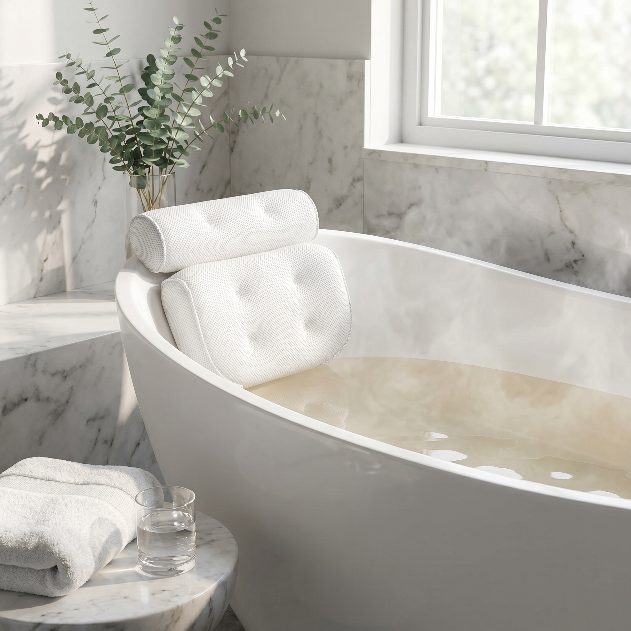 Bath pillow ready on a freestanding tub in a bright spa bathroom