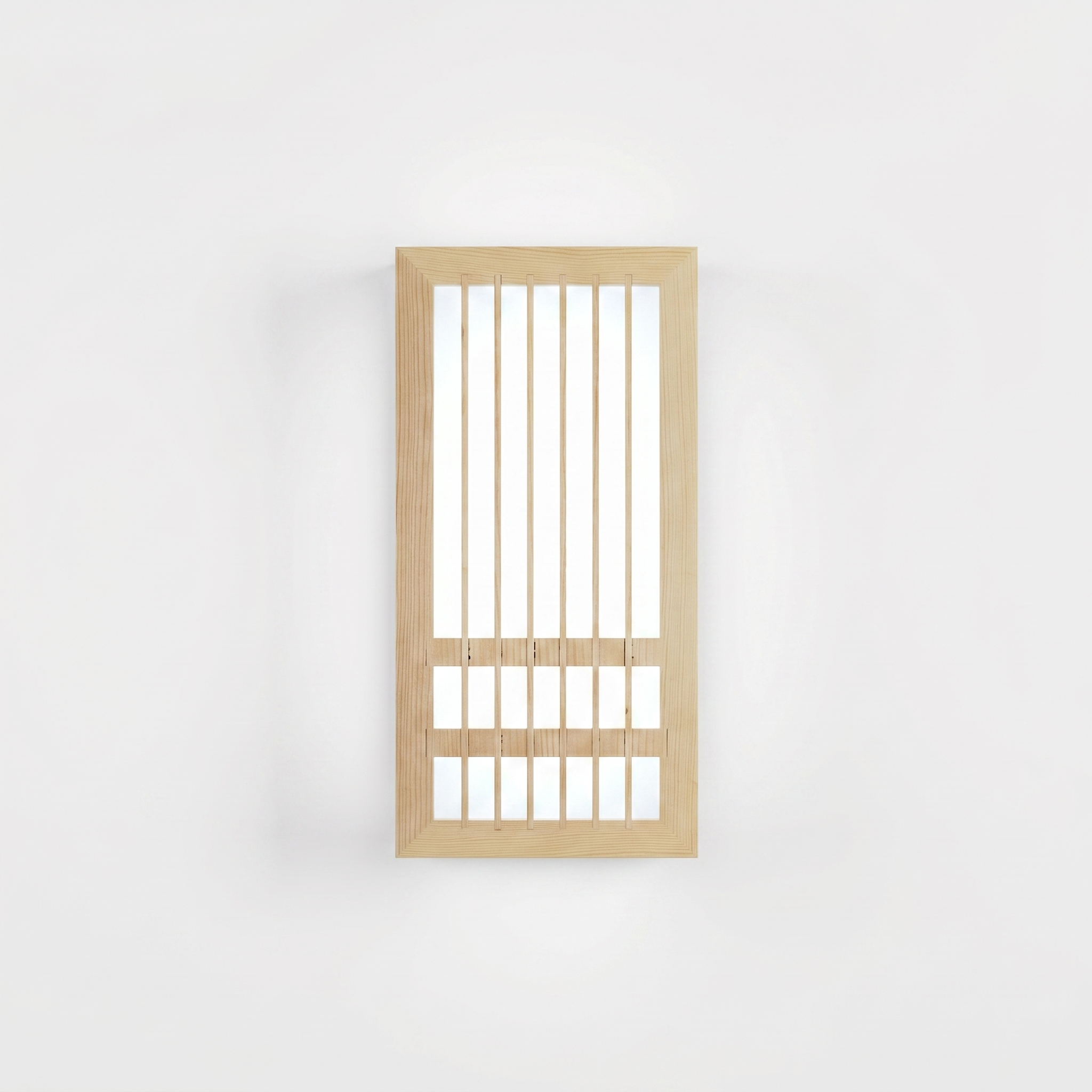 Luminara wood lantern wall sconce, cool white light, studio hero