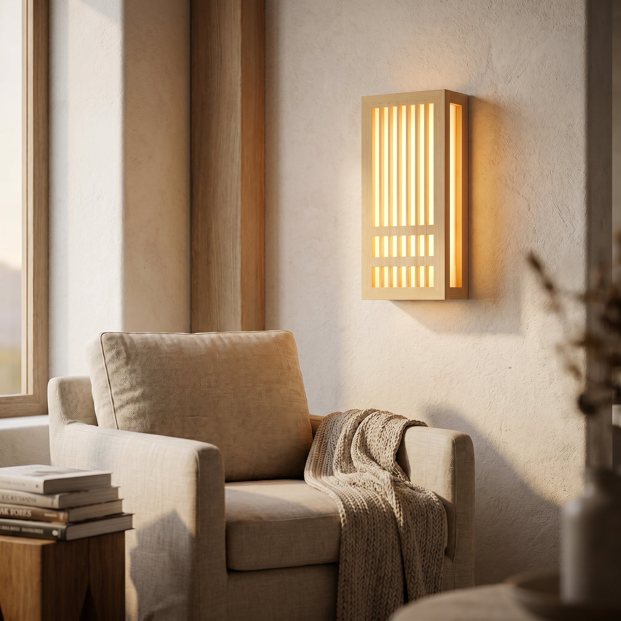 Warm-lit wood sconce by a reading armchair