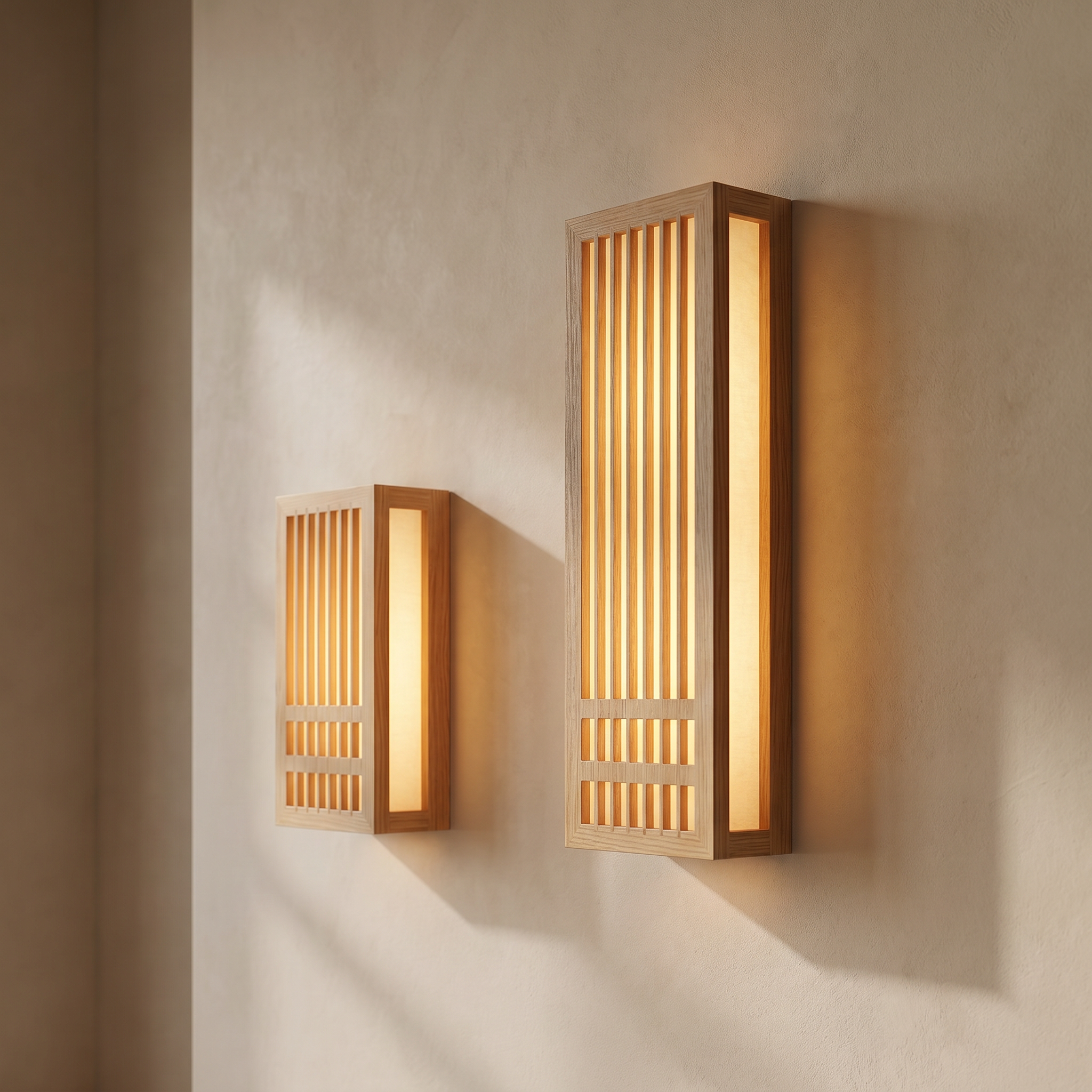 Small and large wood sconces shown together for scale