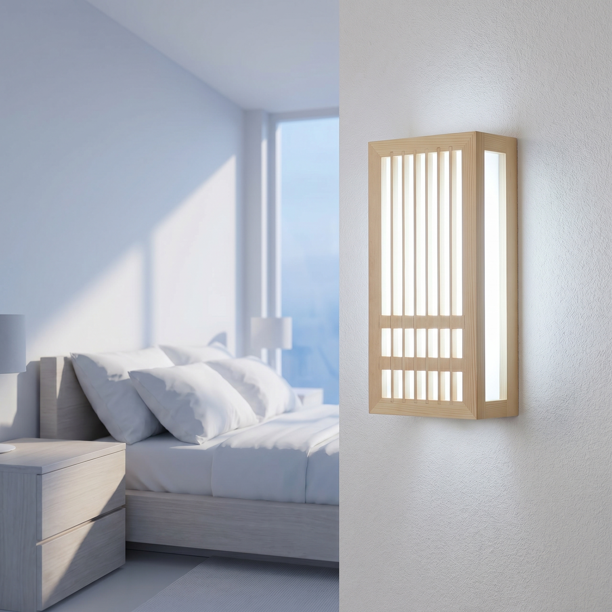 Cool-white wood sconce in a modern bedroom