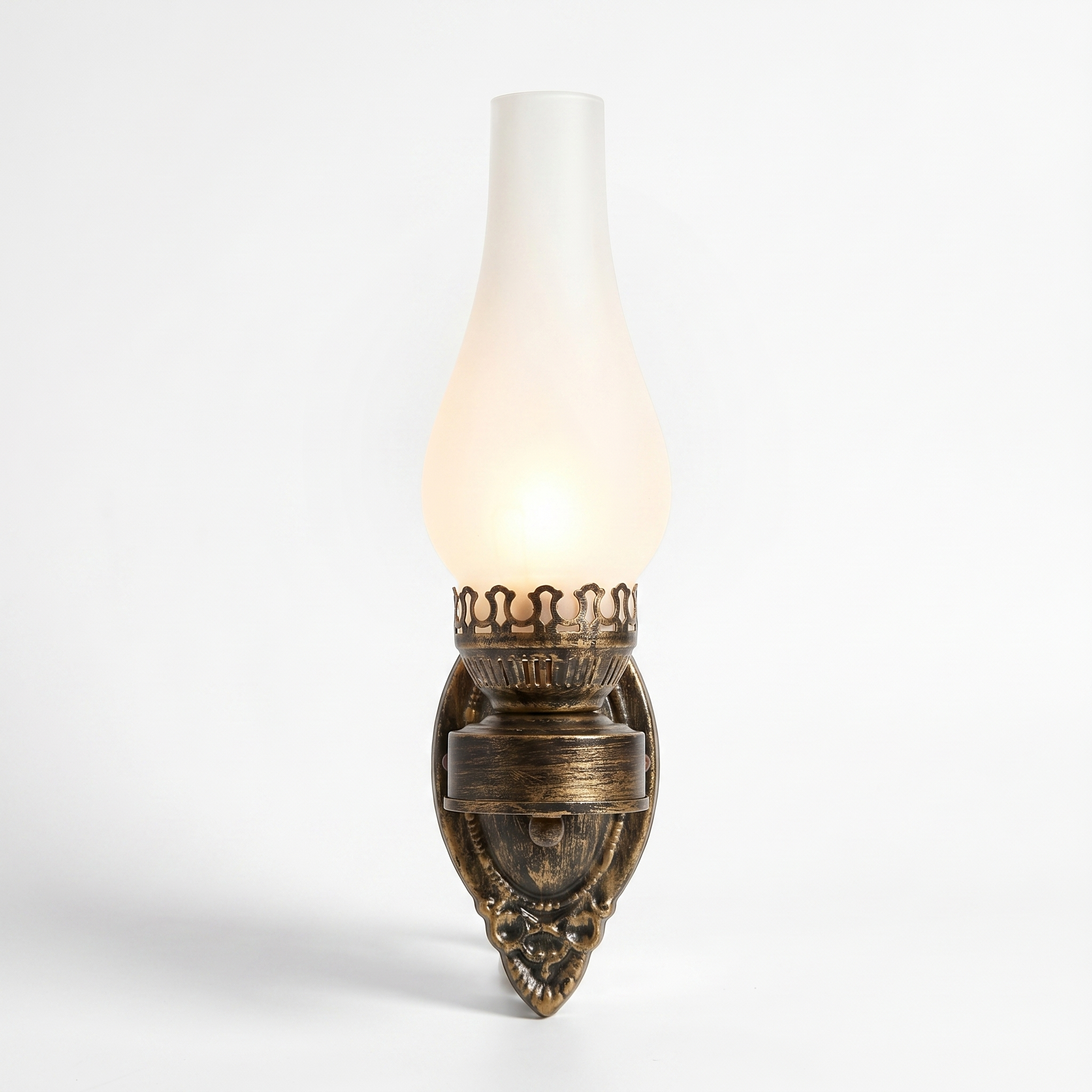 Lucerna vintage bronze wall sconce, frosted glass shade, studio hero