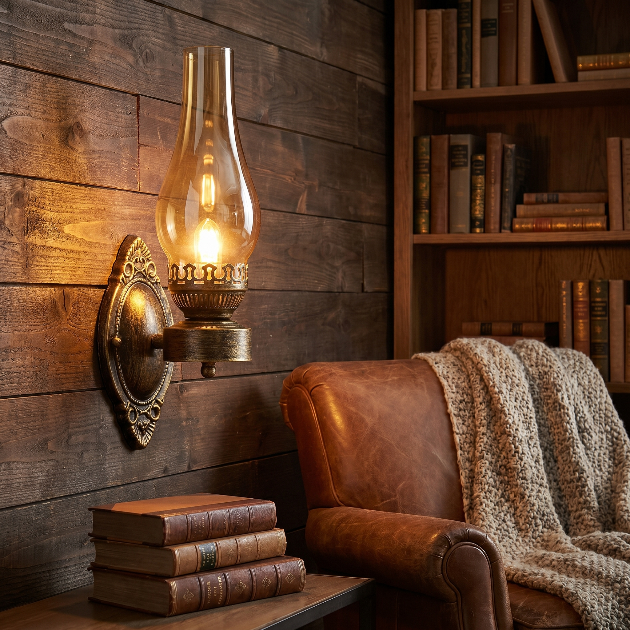 Tea-amber sconce by a cozy reading nook