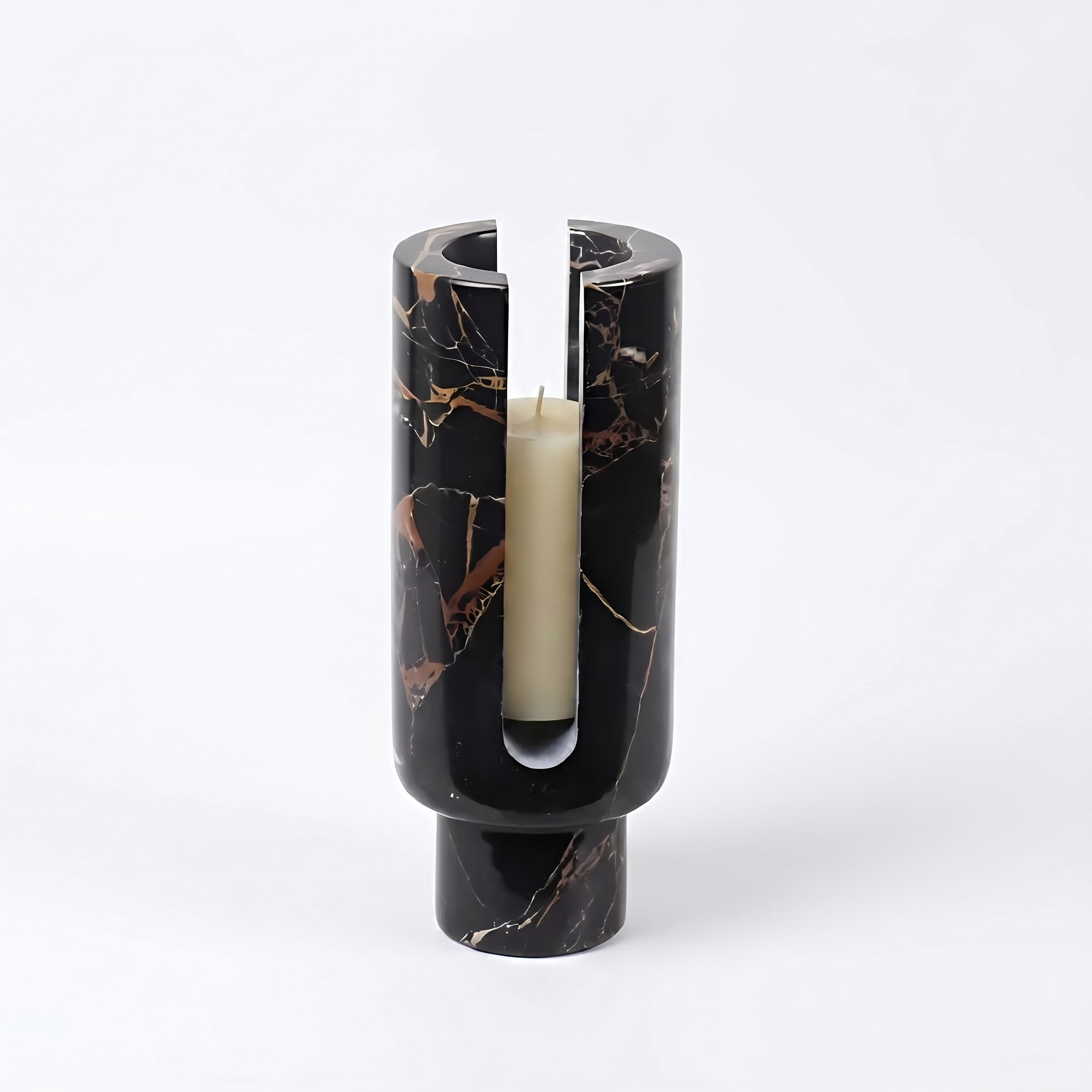 Vesta marble candle holder, Obsidian Black, studio hero
