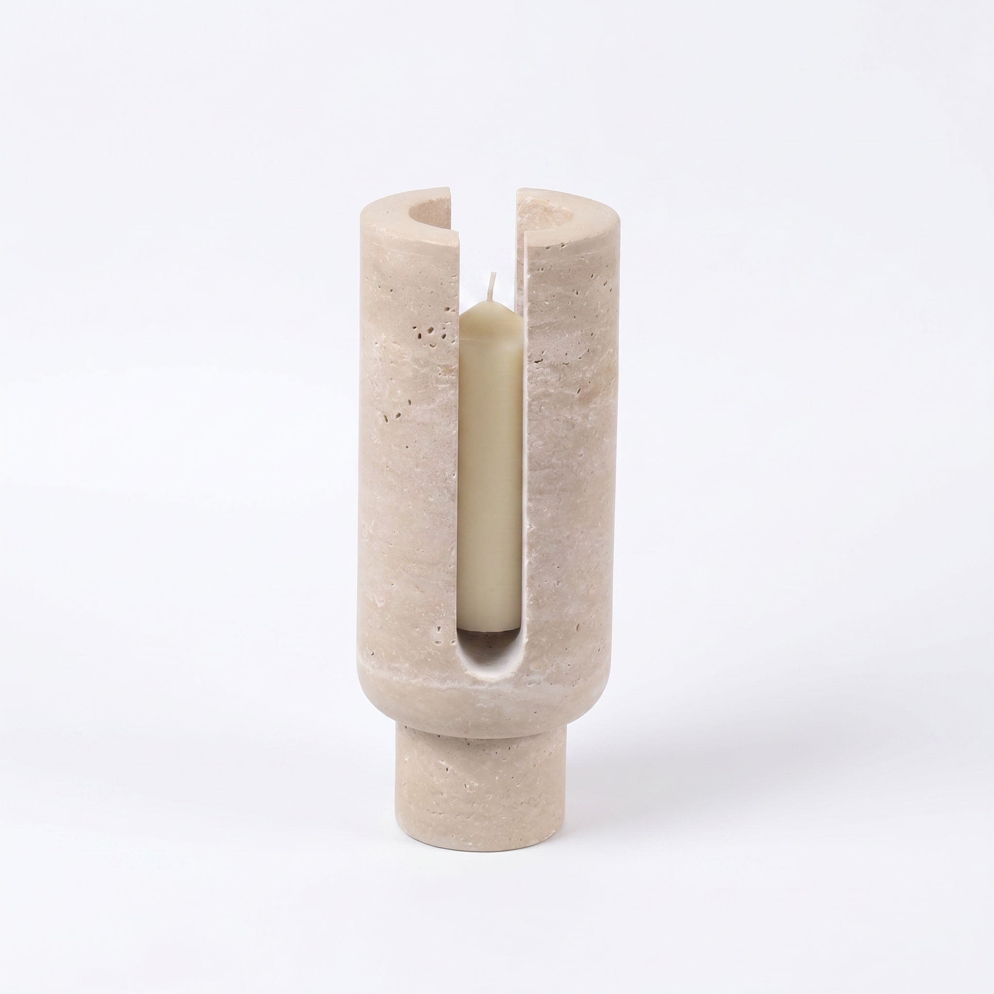 Vesta marble candle holder, Travertine Beige, studio hero