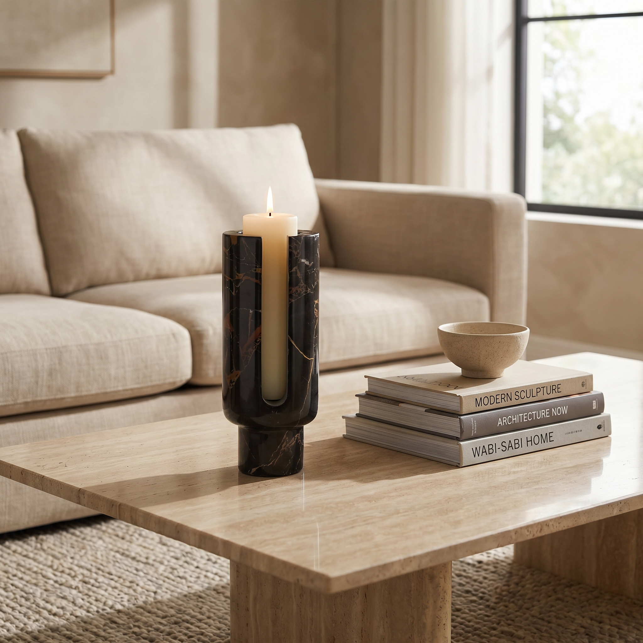 Black marble candle holder on a coffee table