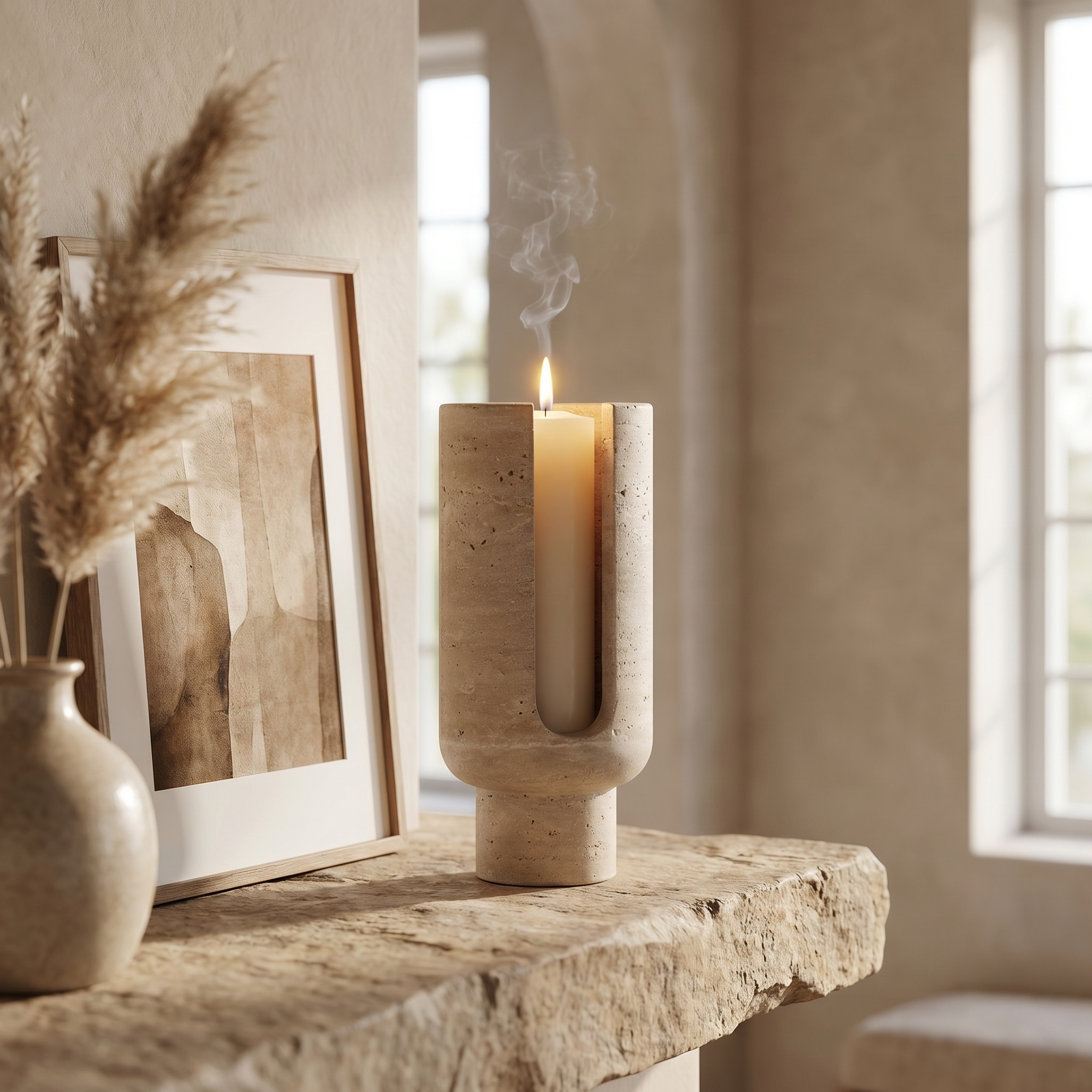 Beige travertine candle holder on a mantel