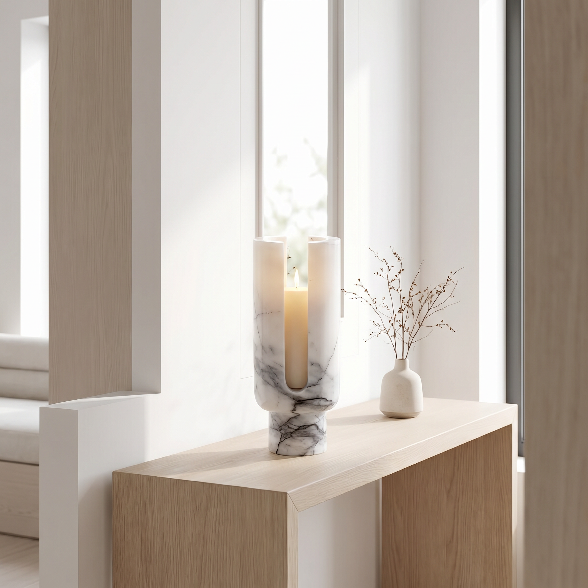 White marble candle holder in a minimalist nook
