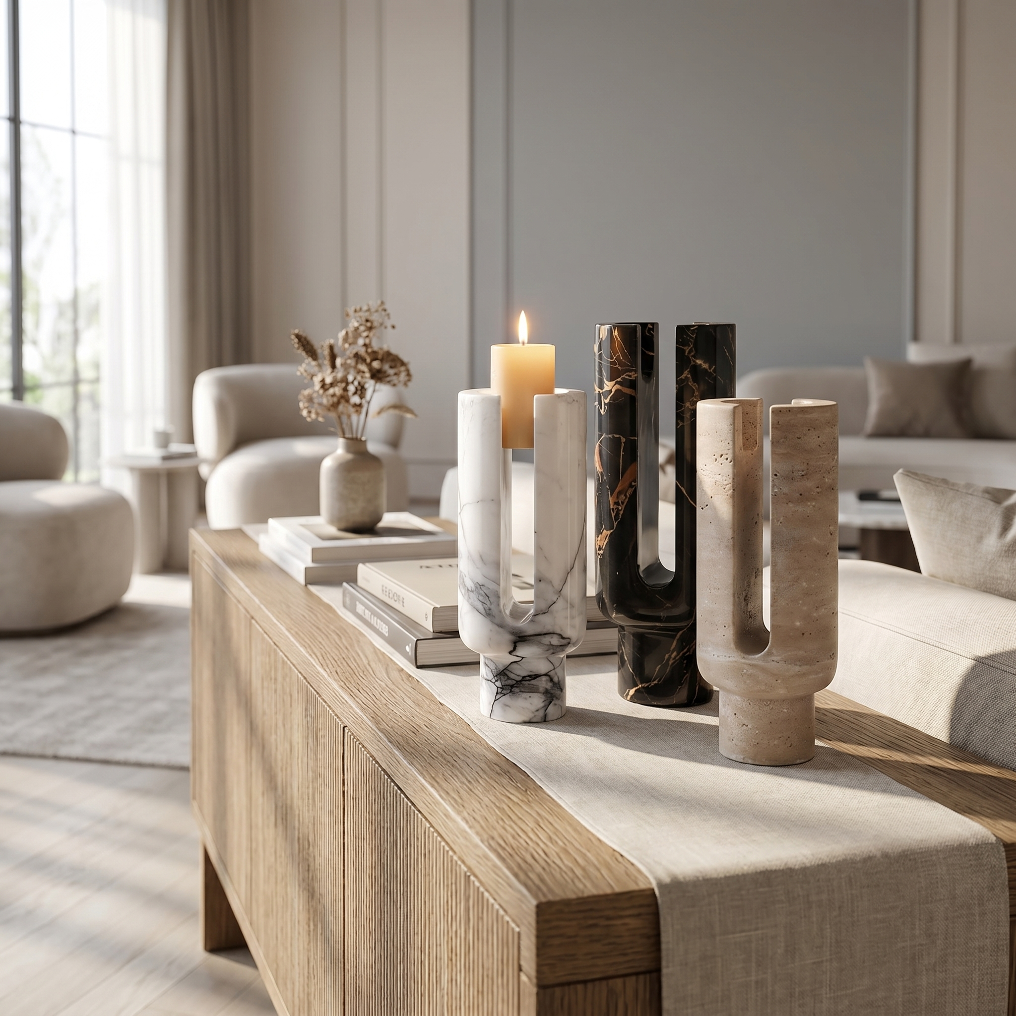 All three marble candle holders grouped on a console