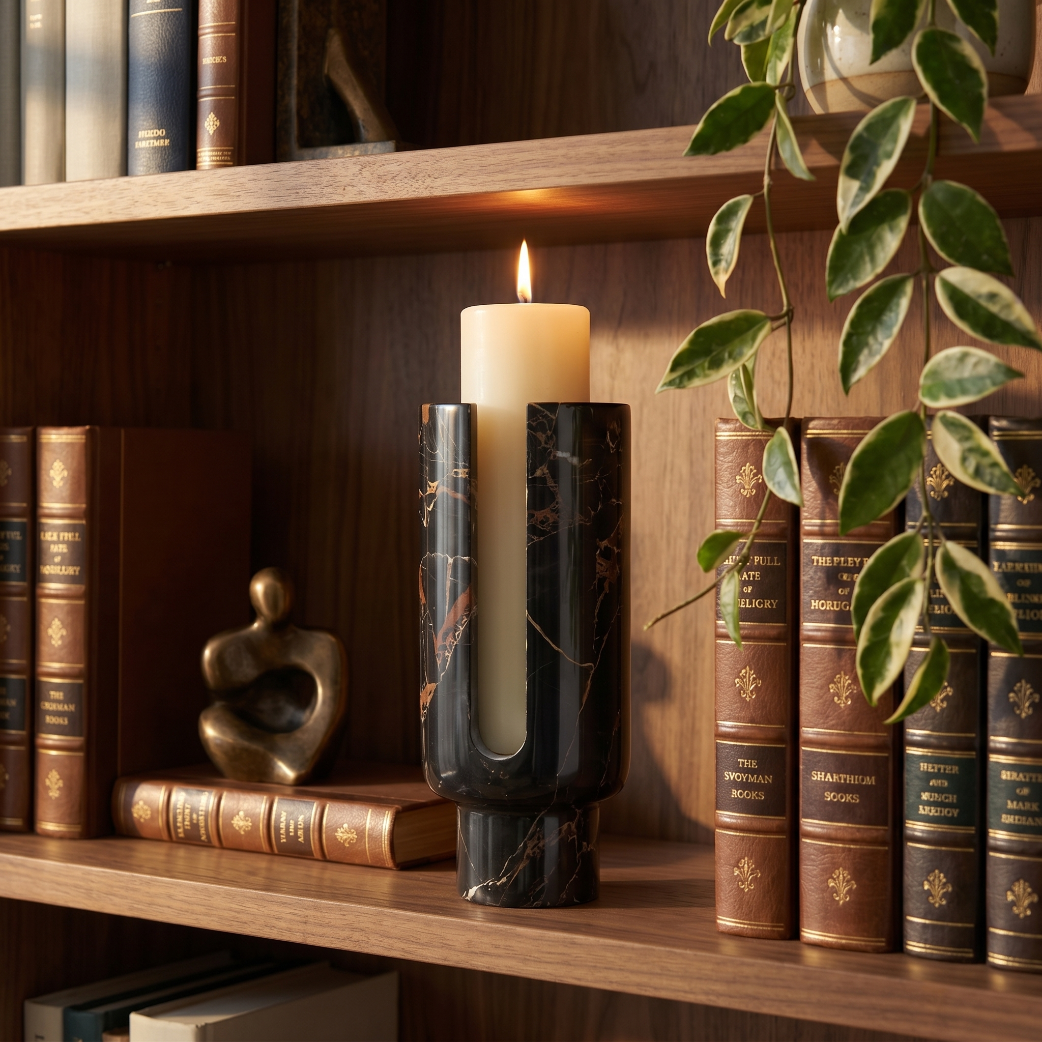 Black marble candle holder on a styled bookshelf
