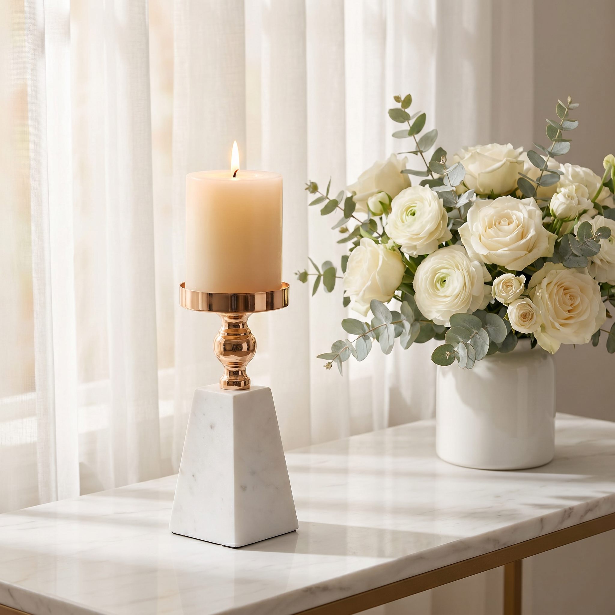 Candle holder beside white roses