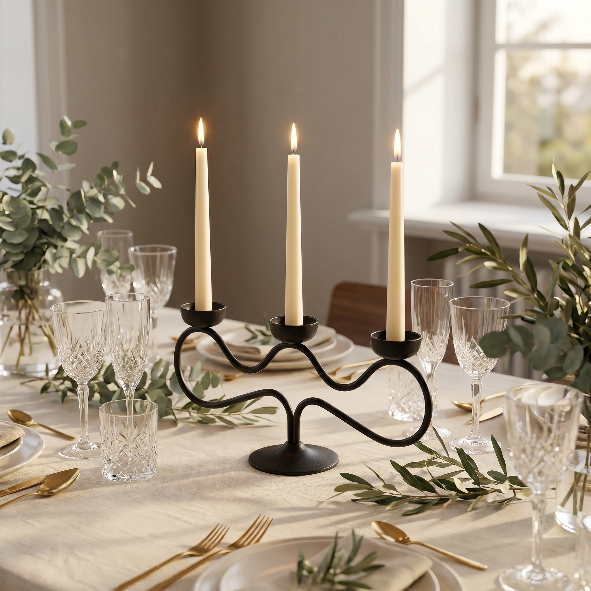 Black candelabra as a dining centerpiece