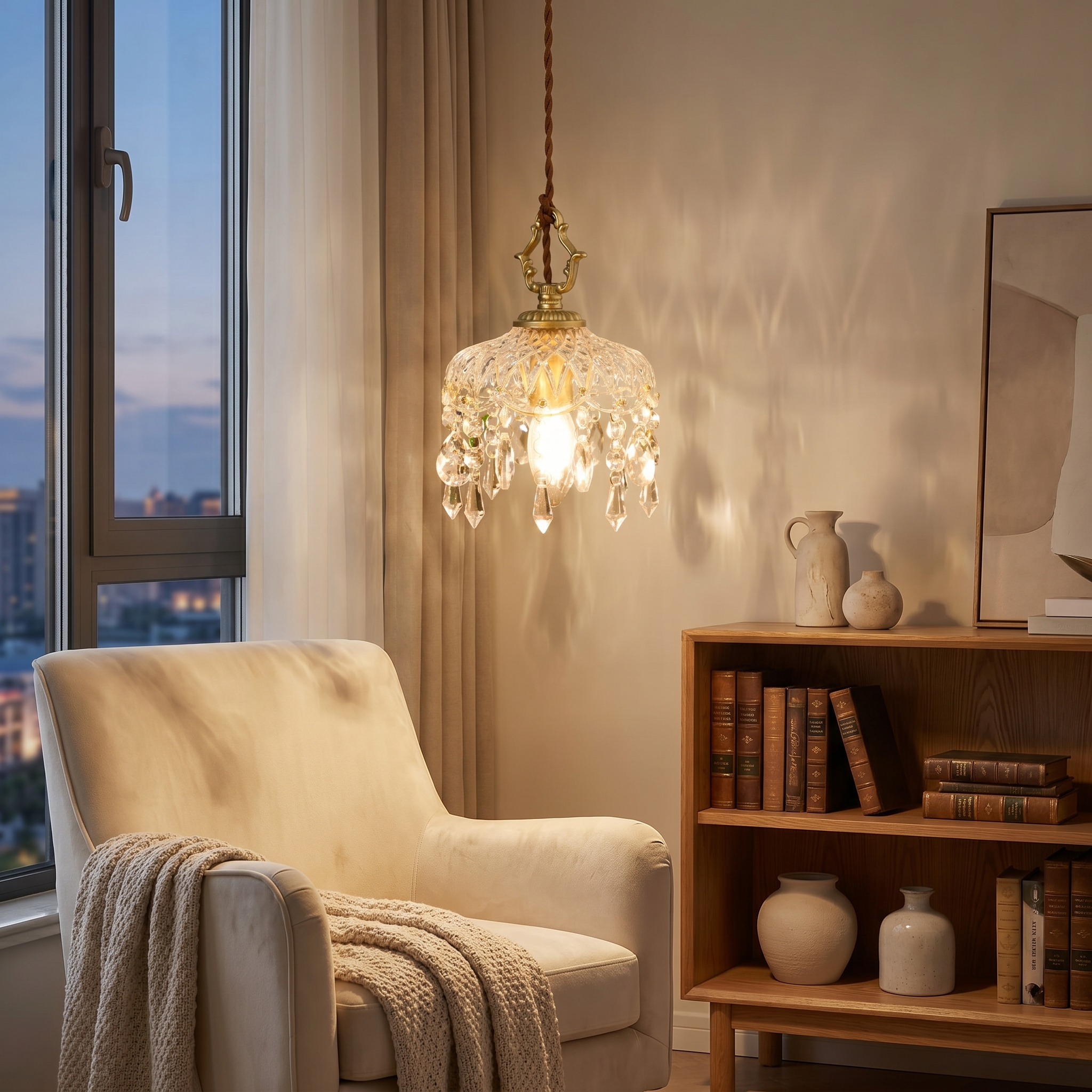 Crystal pendant in a reading nook