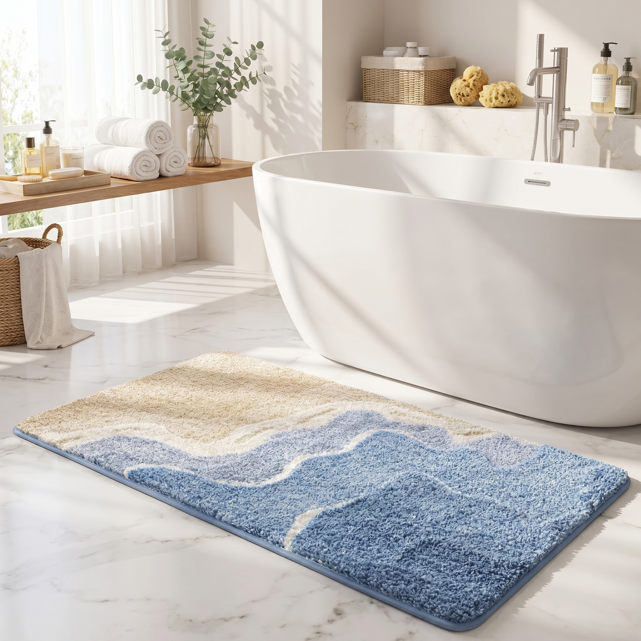 Sandy Shore bath mat by a freestanding tub